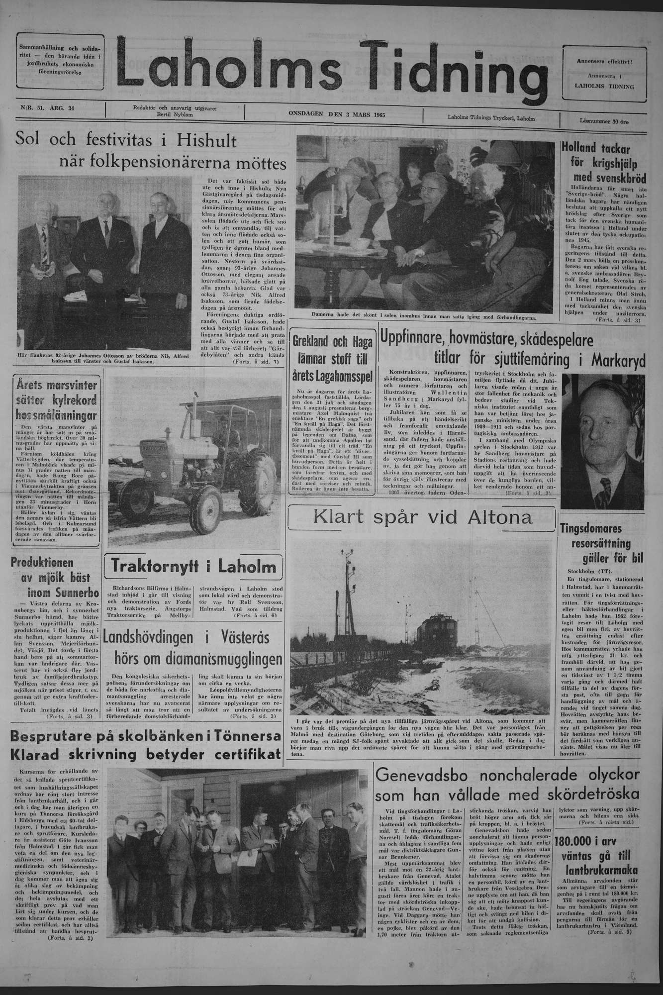 Laholms Tidning Onsdag 3 mars 1965, sida 1