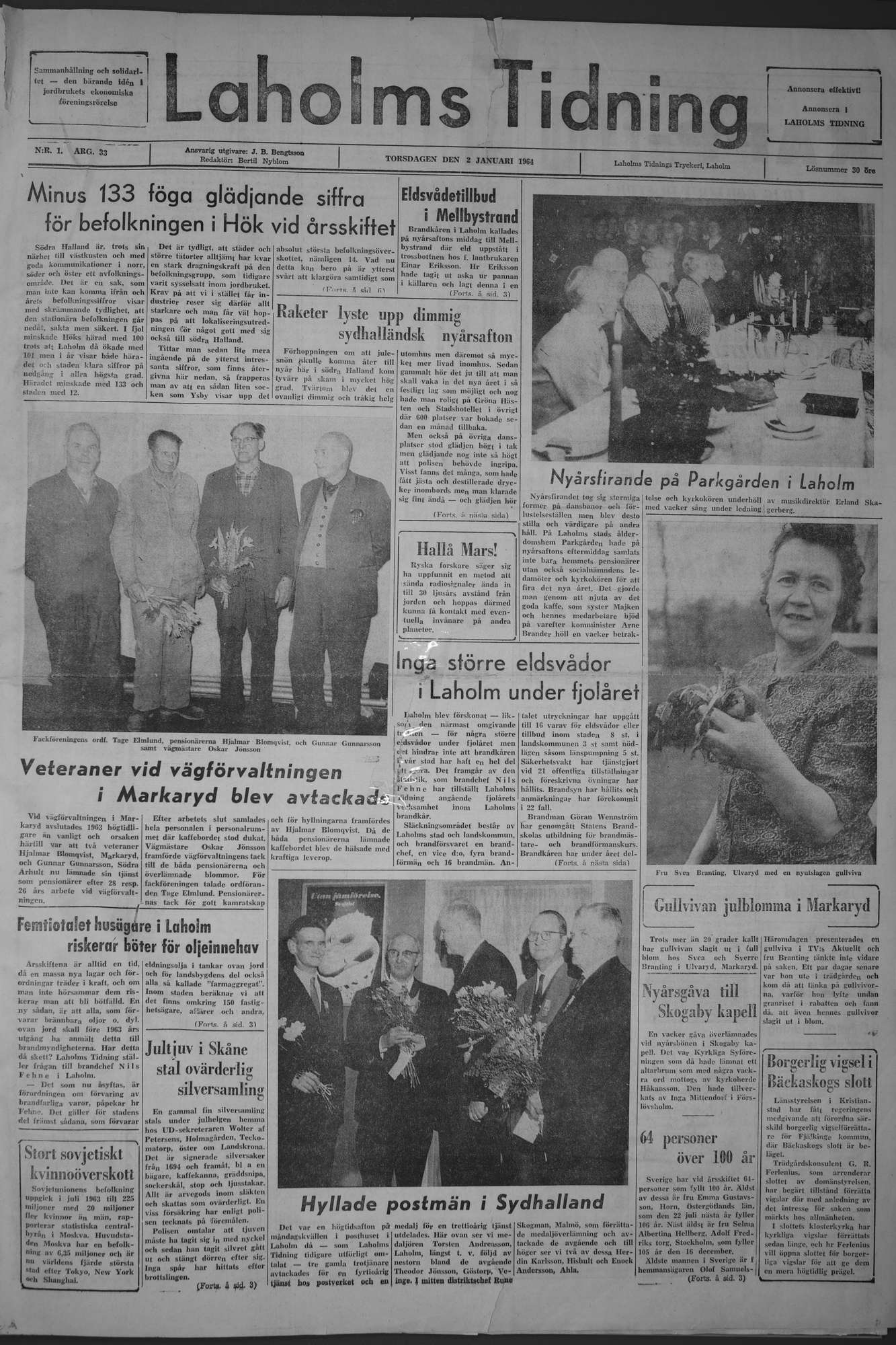 Laholms Tidning Torsdag 2 januari 1964, sida 1