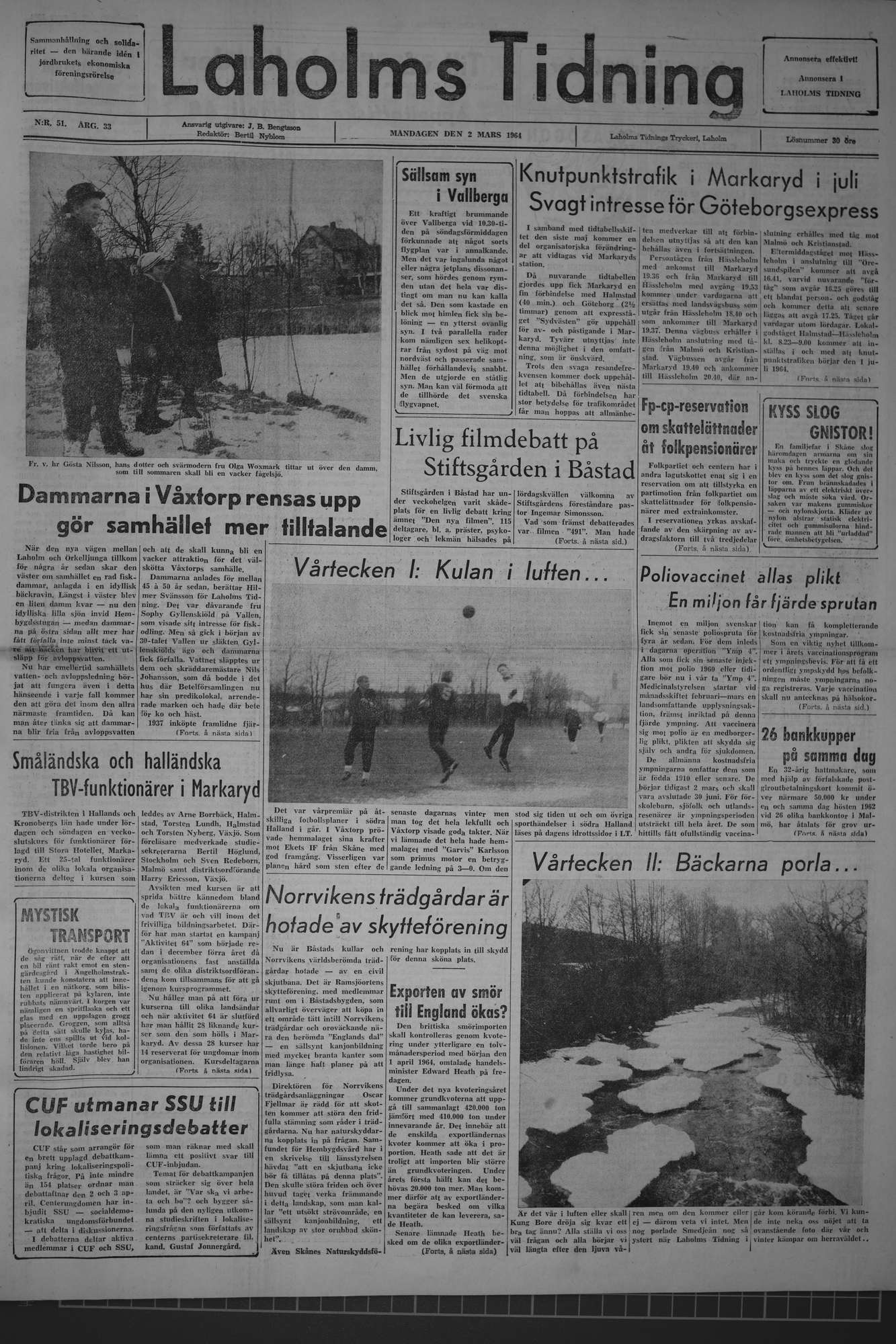 Laholms Tidning Måndag 2 mars 1964, sida 1