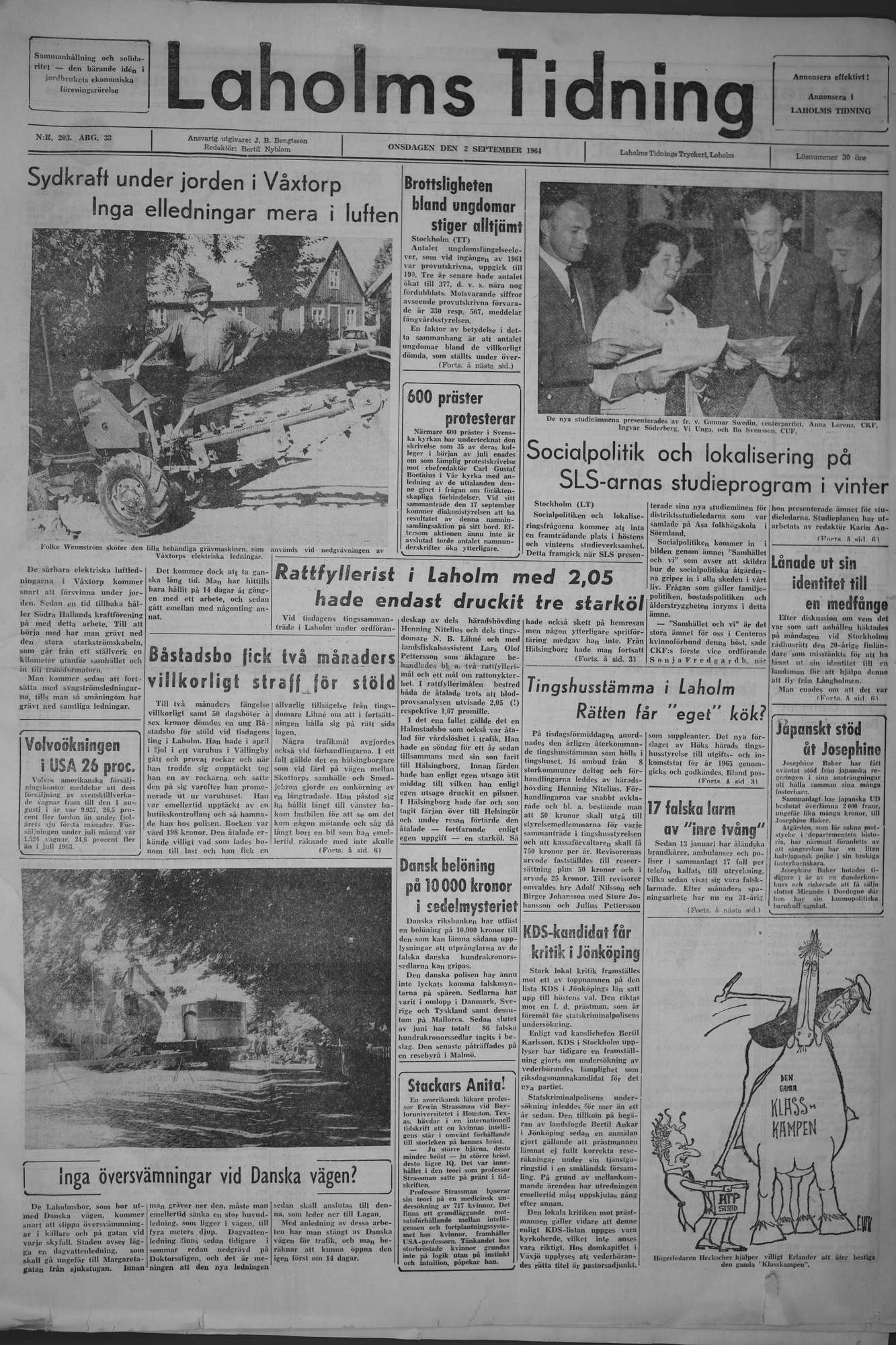 Laholms Tidning Onsdag 2 september 1964, sida 1
