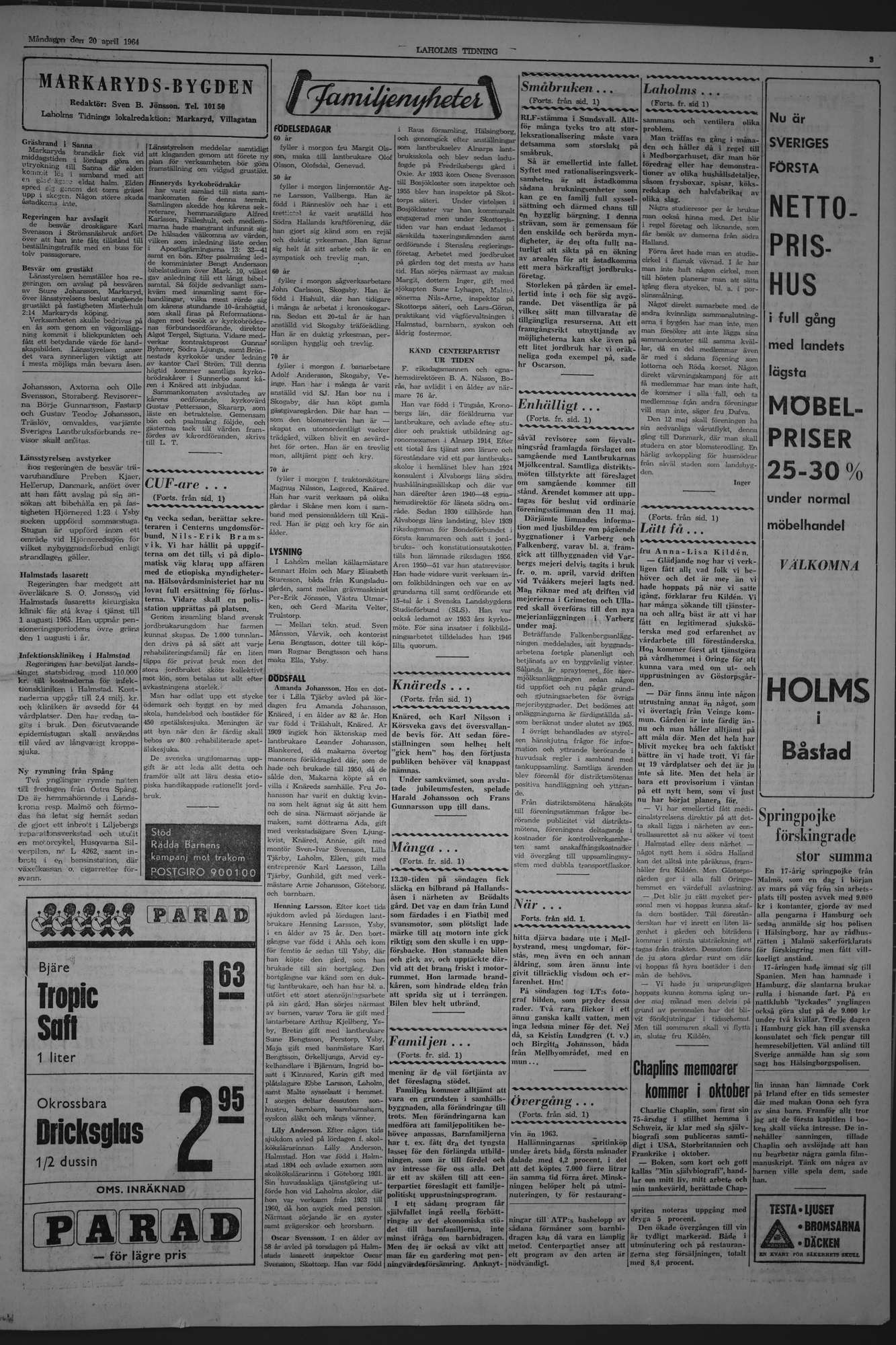 Laholms Tidning Måndag 20 april 1964, sida 3