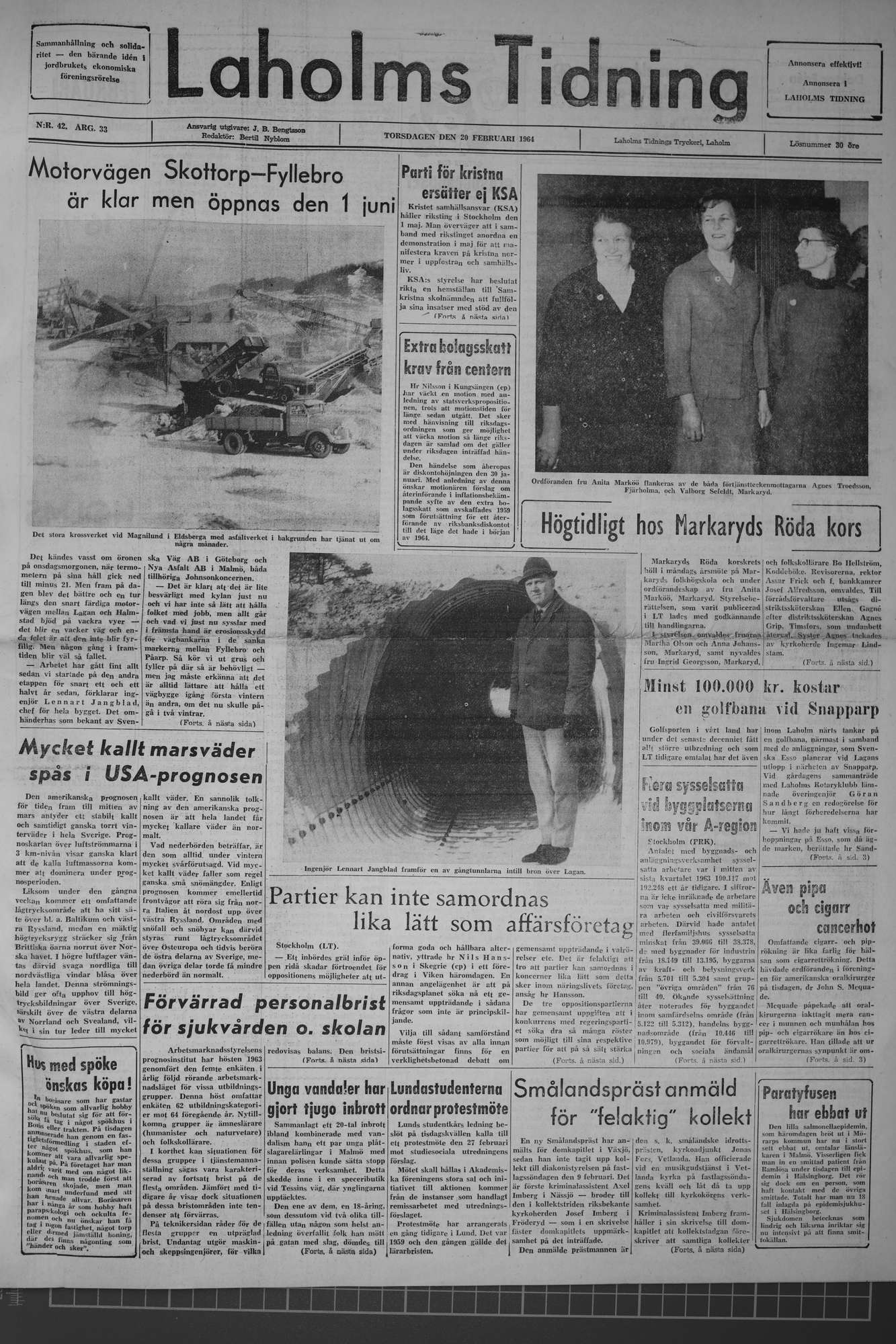 Laholms Tidning Torsdag 20 februari 1964, sida 1