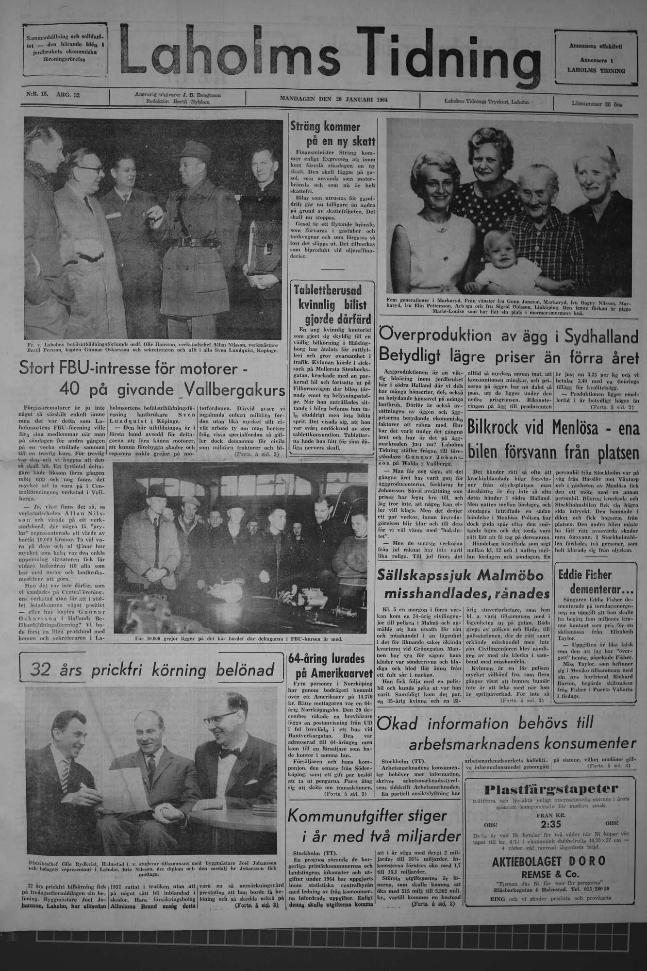 Laholms Tidning Måndag 20 januari 1964, sida 1