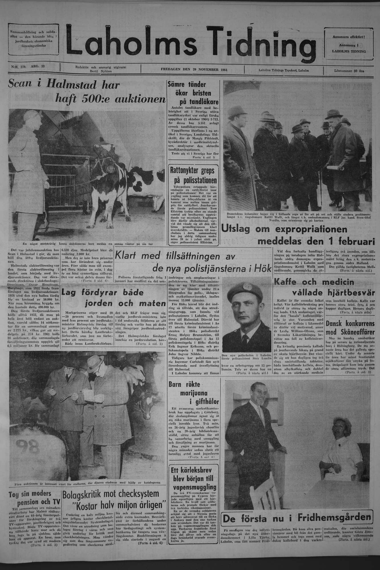 Laholms Tidning Fredag 20 november 1964, sida 1