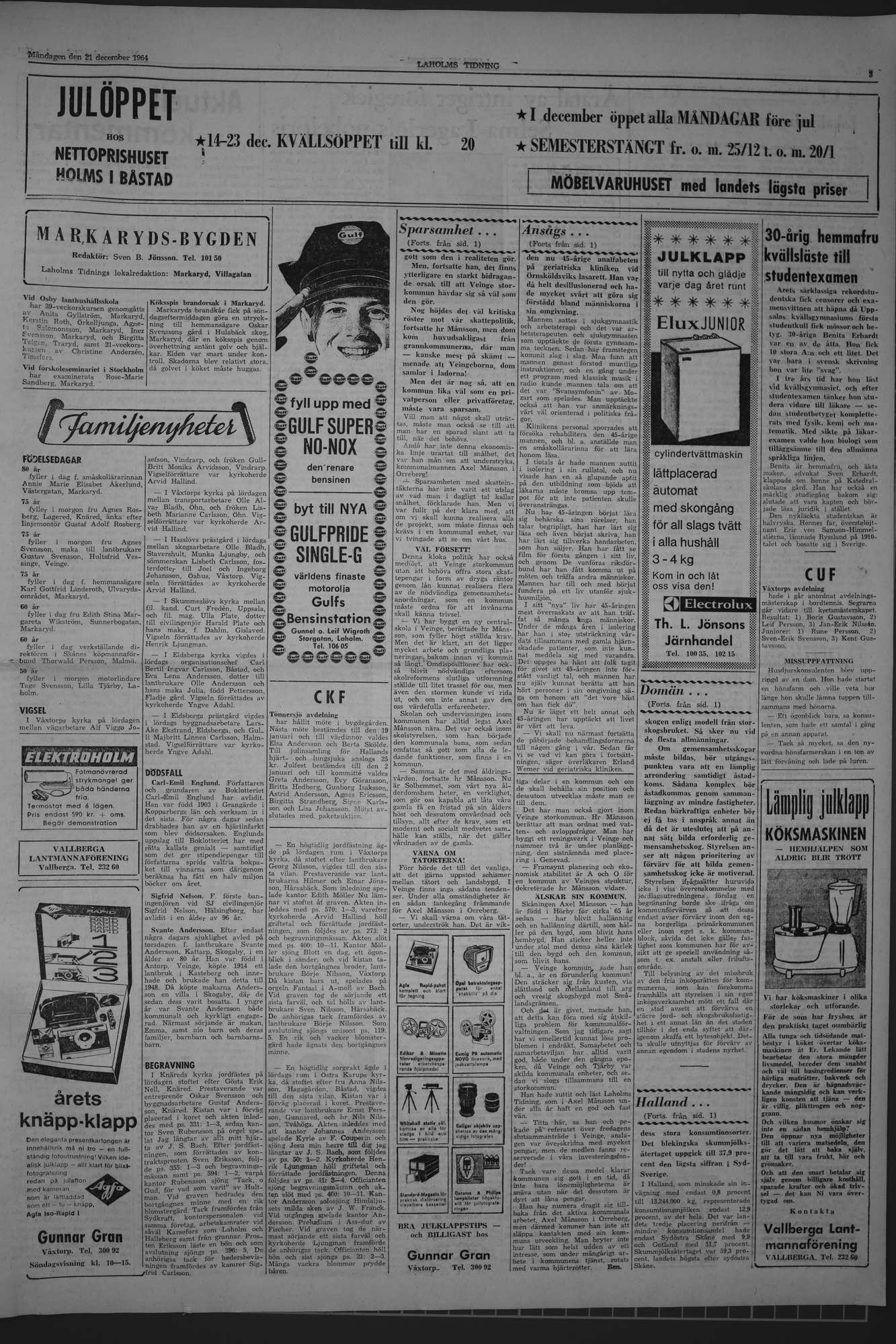 Laholms Tidning Måndag 21 december 1964, sida 3
