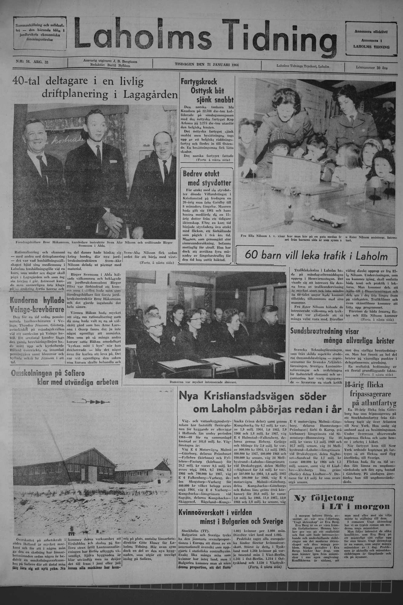 Laholms Tidning Tisdag 21 januari 1964, sida 1