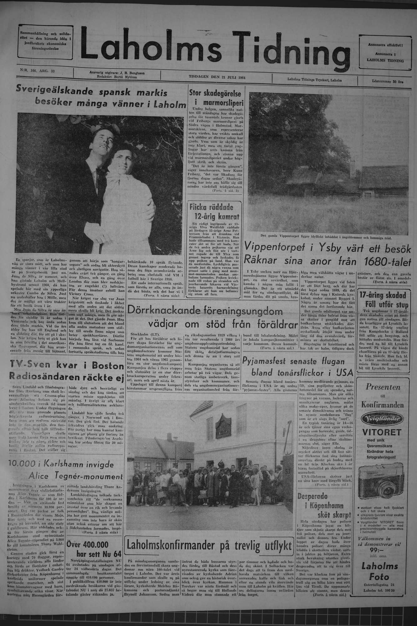 Laholms Tidning Tisdag 21 juli 1964, sida 1