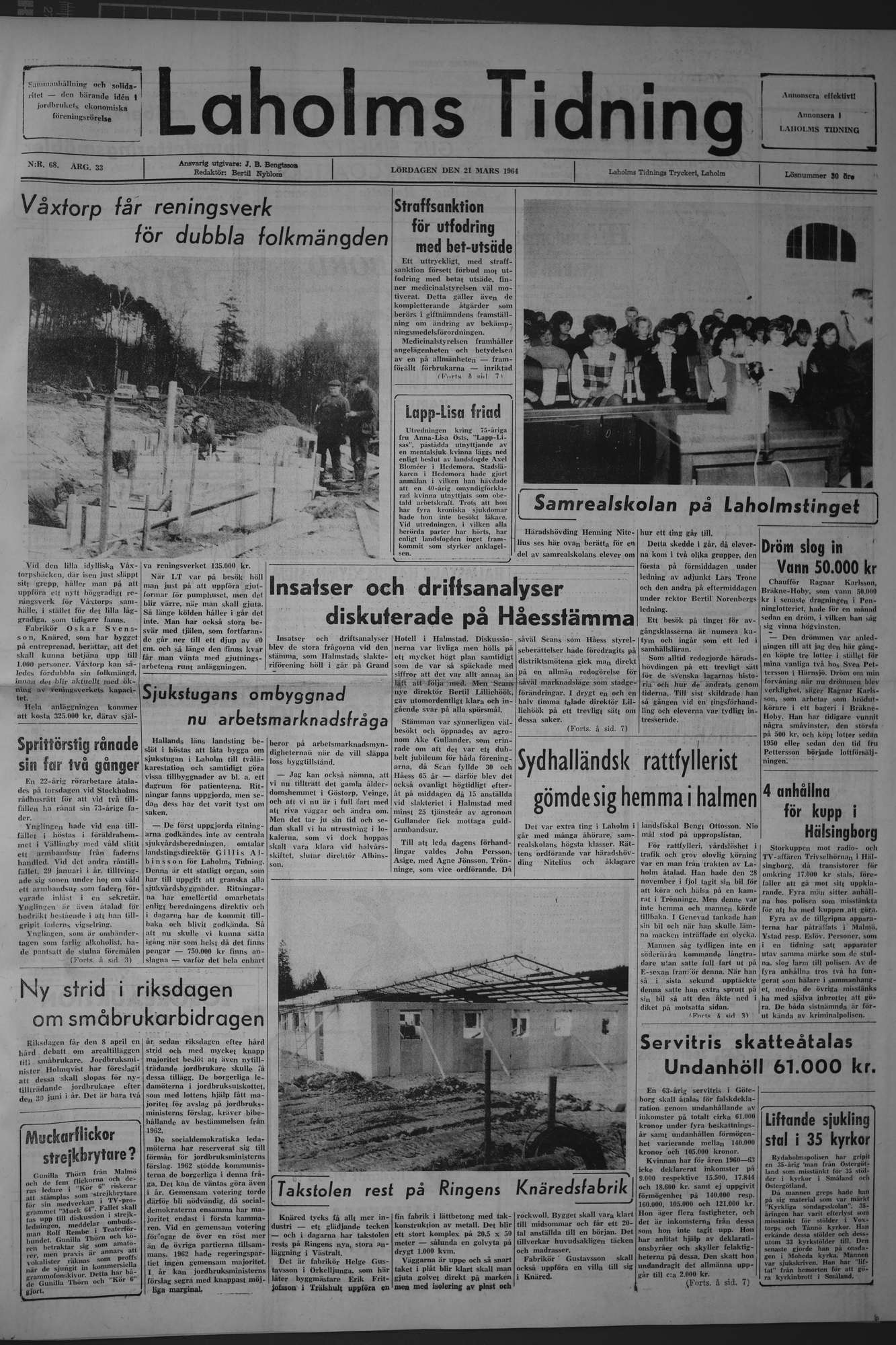 Laholms Tidning Lördag 21 mars 1964, sida 1