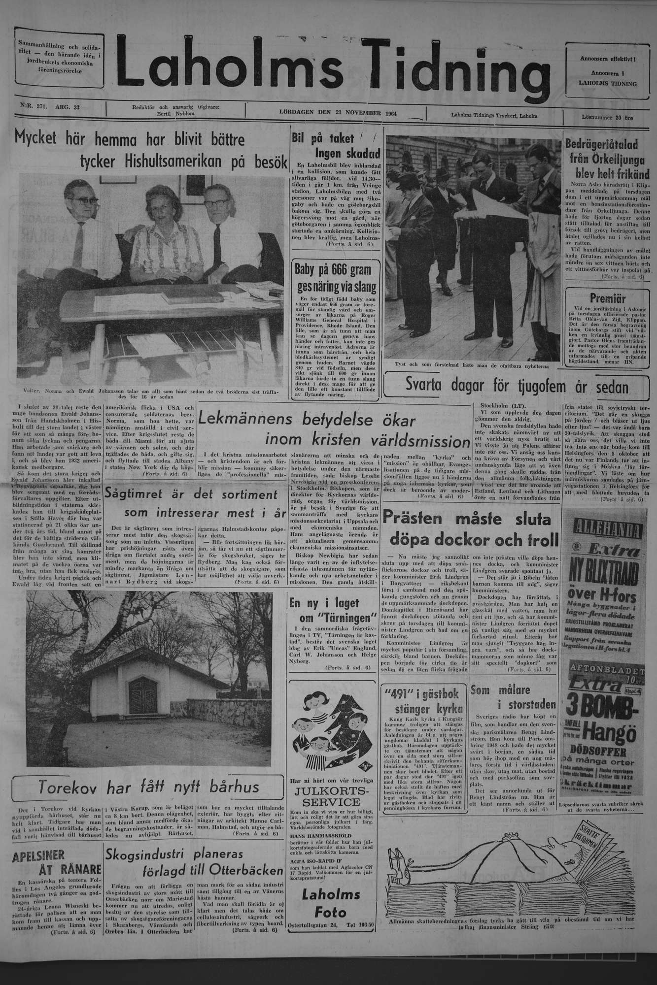 Laholms Tidning Lördag 21 november 1964, sida 1