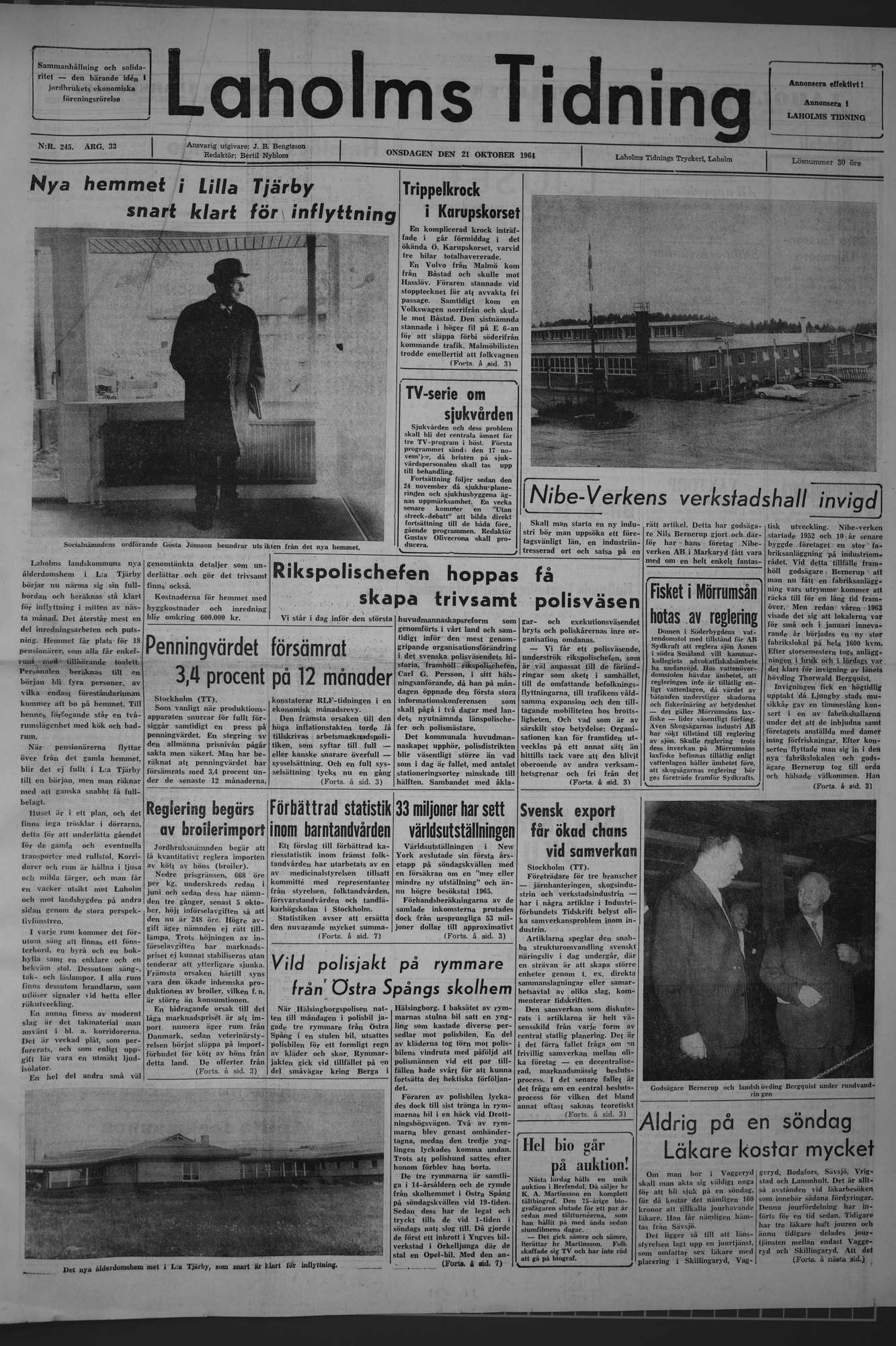Laholms Tidning Onsdag 21 oktober 1964, sida 1