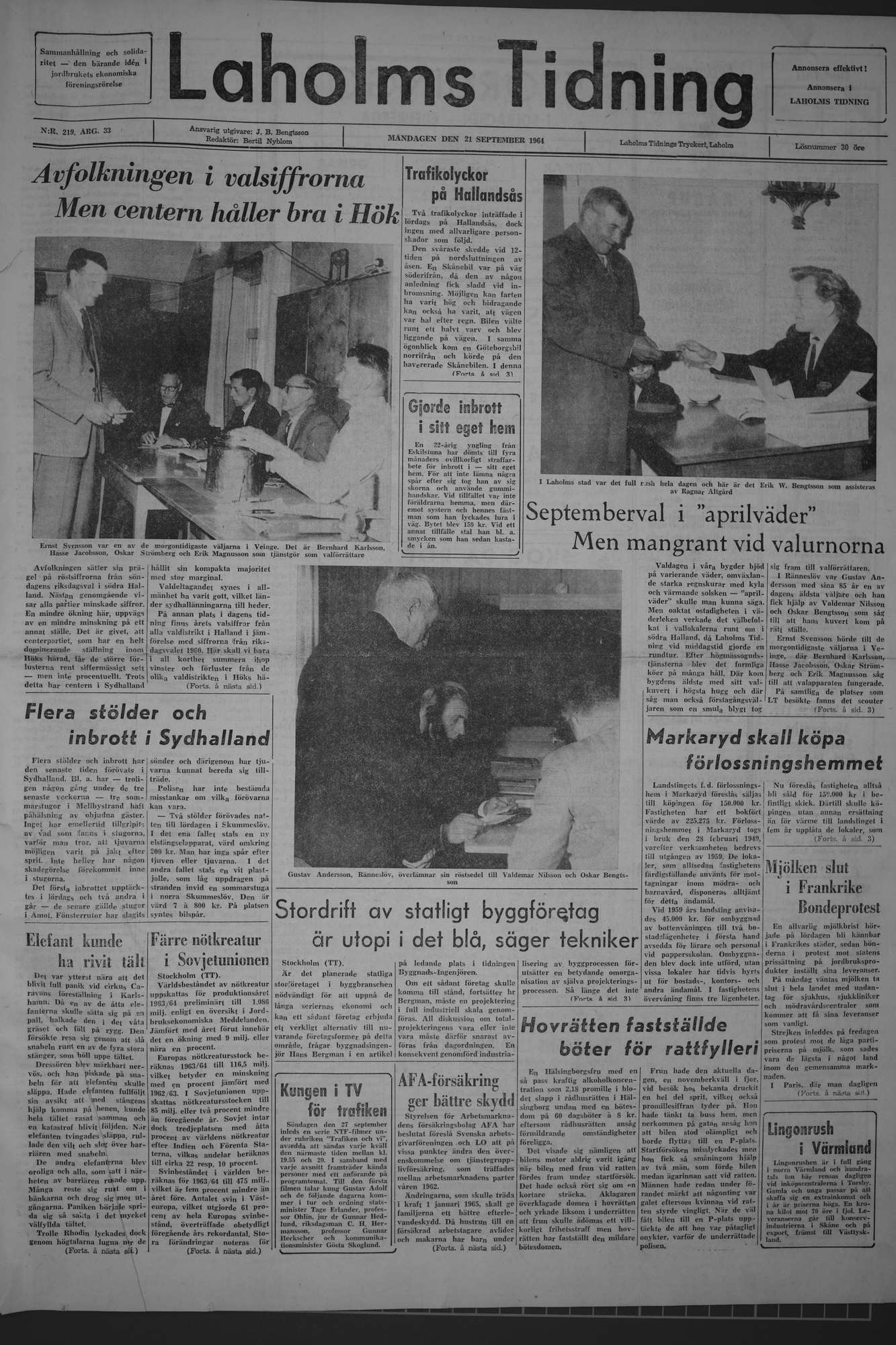 Laholms Tidning Måndag 21 september 1964, sida 1