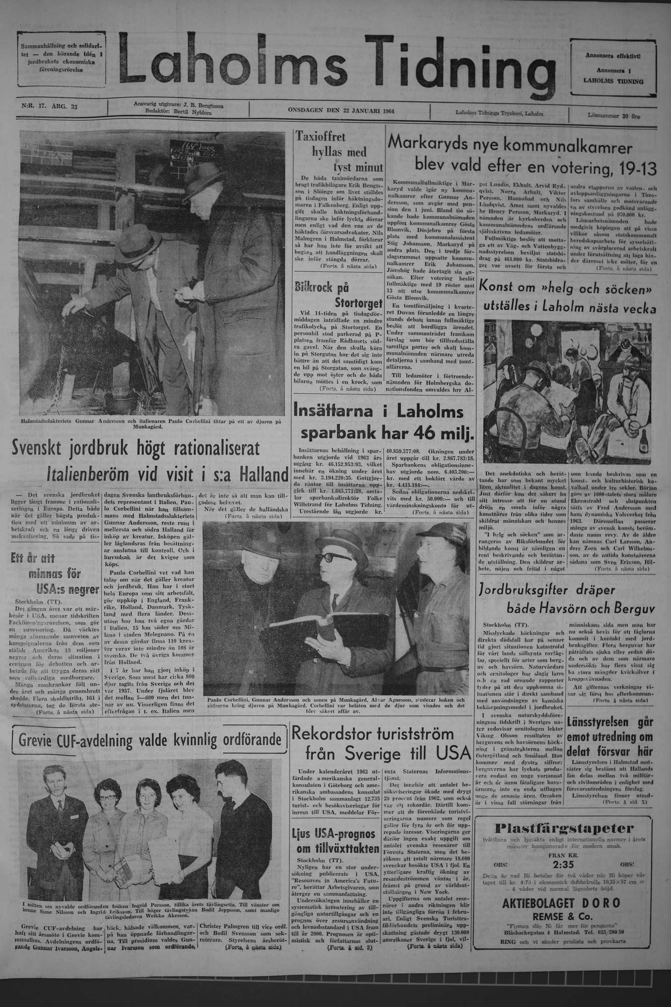 Laholms Tidning Onsdag 22 januari 1964, sida 1