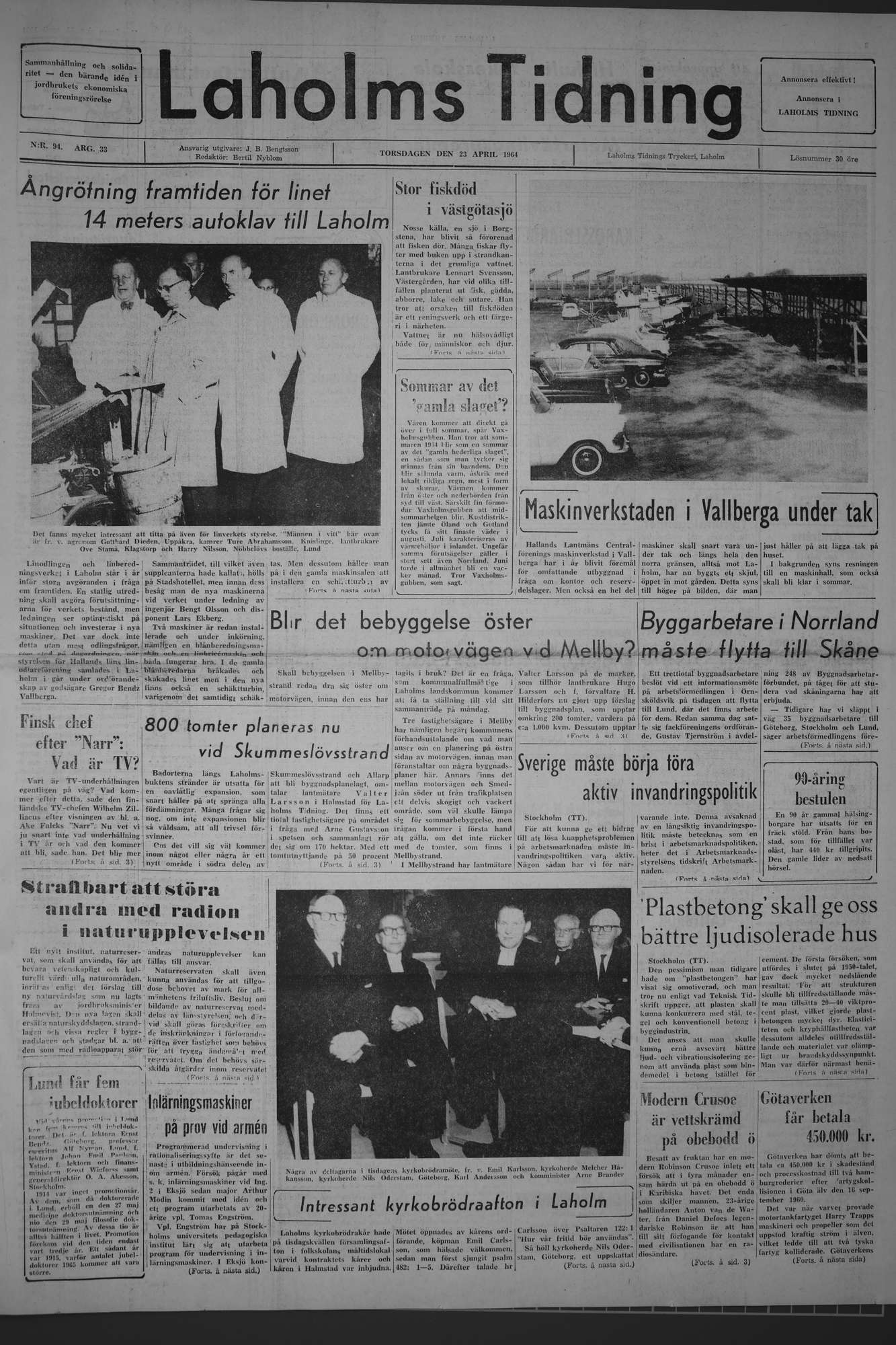 Laholms Tidning Torsdag 23 april 1964, sida 1