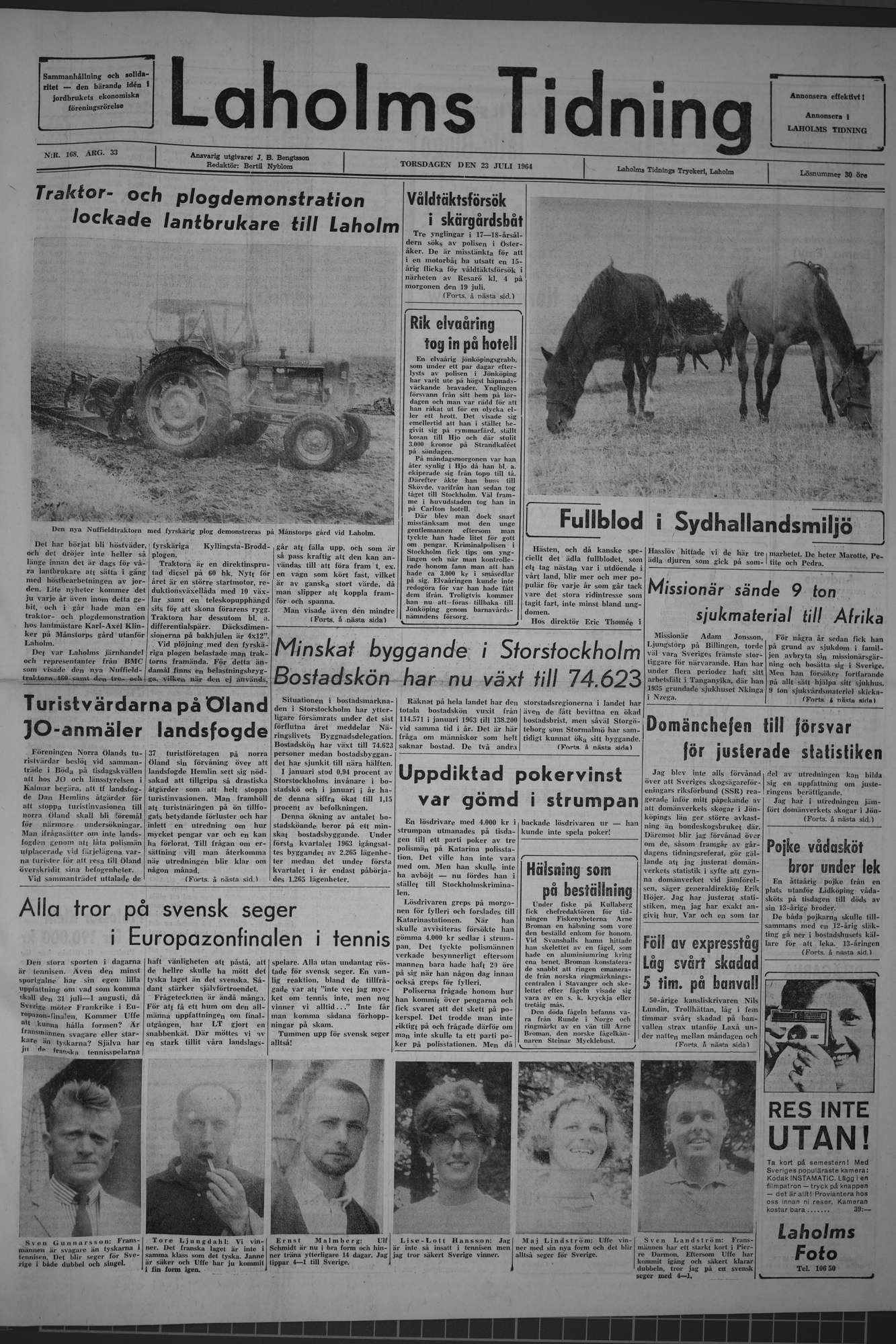 Laholms Tidning Torsdag 23 juli 1964, sida 1