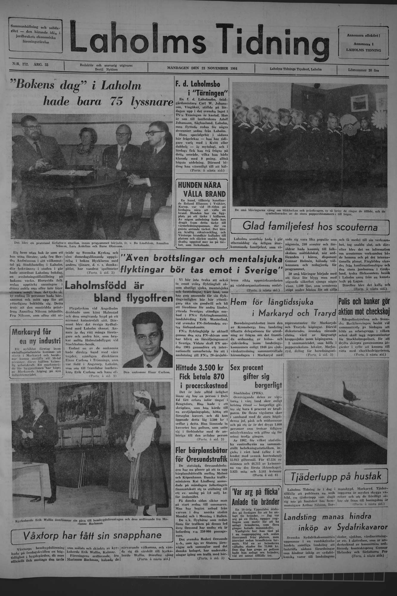 Laholms Tidning Måndag 23 november 1964, sida 1