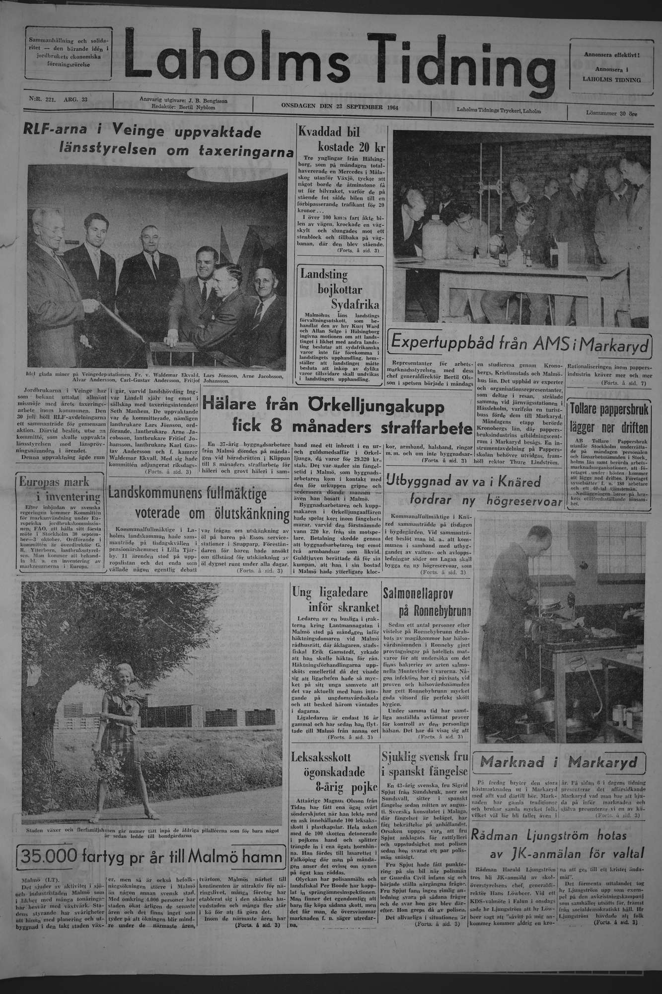 Laholms Tidning Onsdag 23 september 1964, sida 1