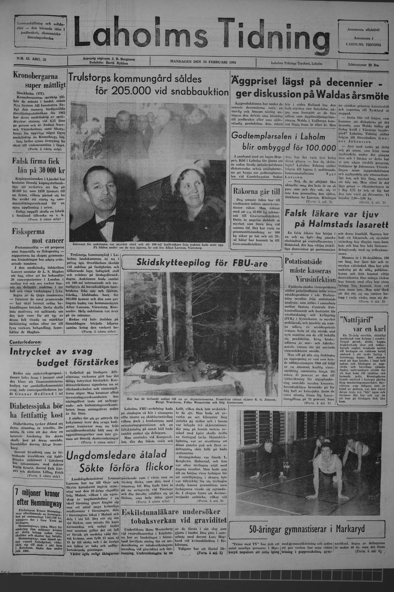 Laholms Tidning Måndag 24 februari 1964, sida 1