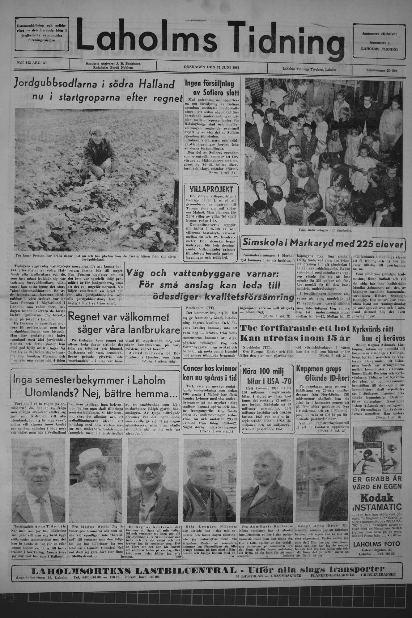 Laholms Tidning Onsdag 24 juni 1964, sida 1