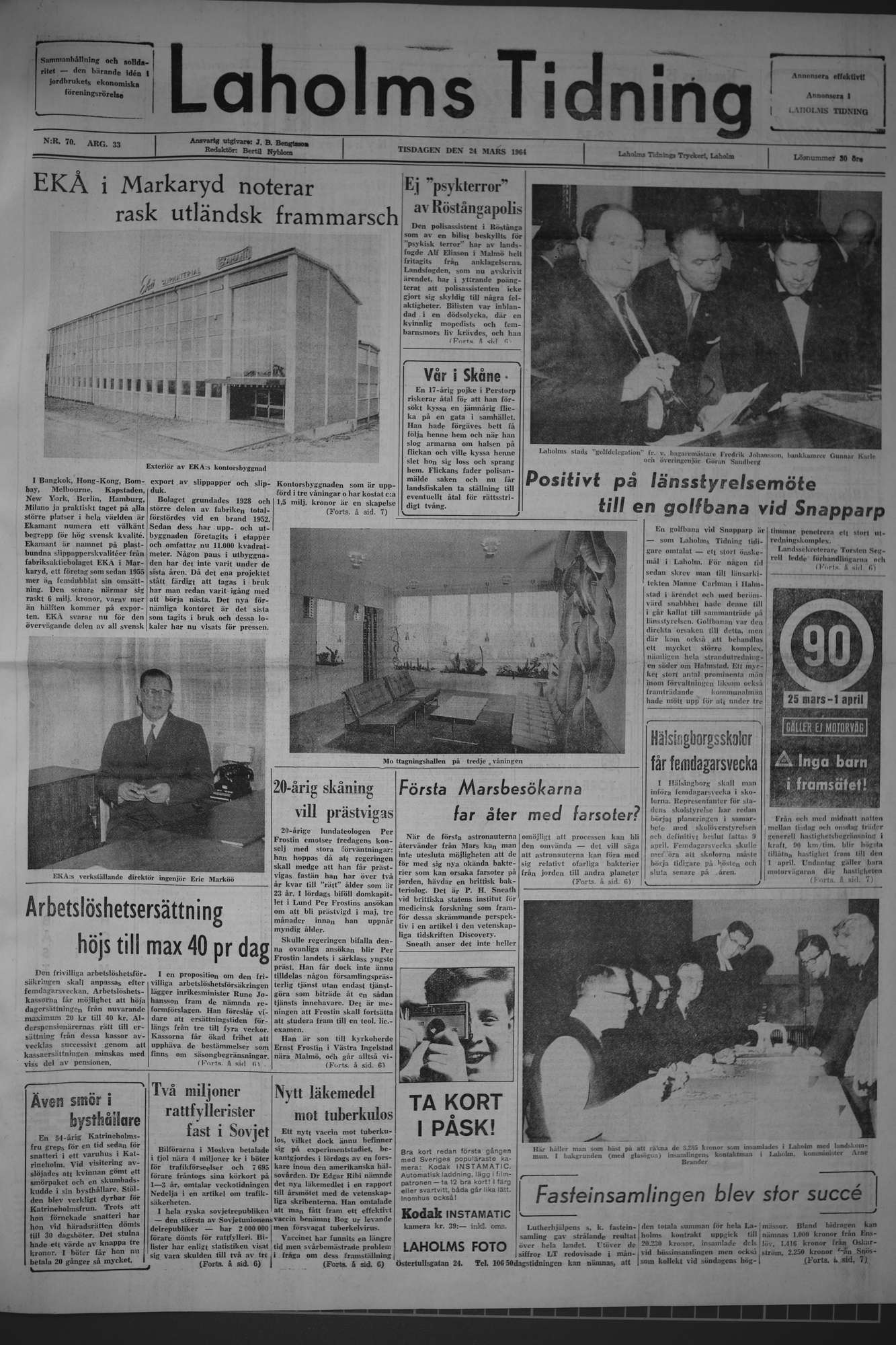 Laholms Tidning Tisdag 24 mars 1964, sida 1