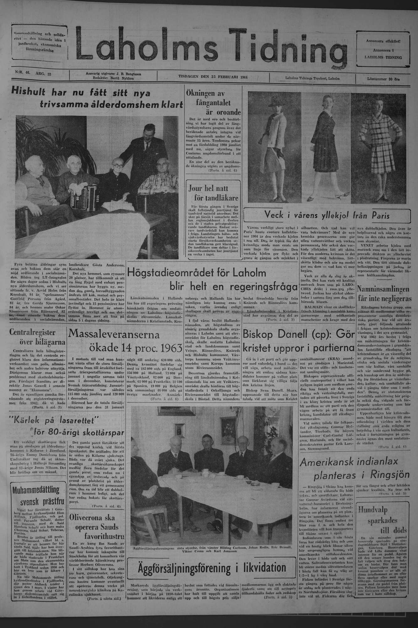 Laholms Tidning Tisdag 25 februari 1964, sida 1