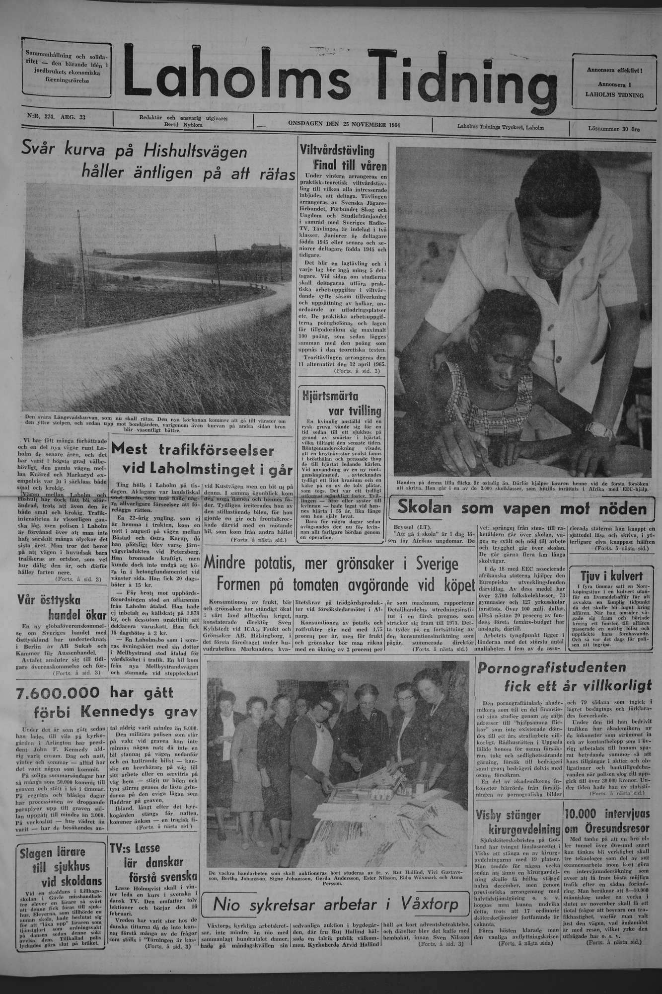 Laholms Tidning Onsdag 25 november 1964, sida 1