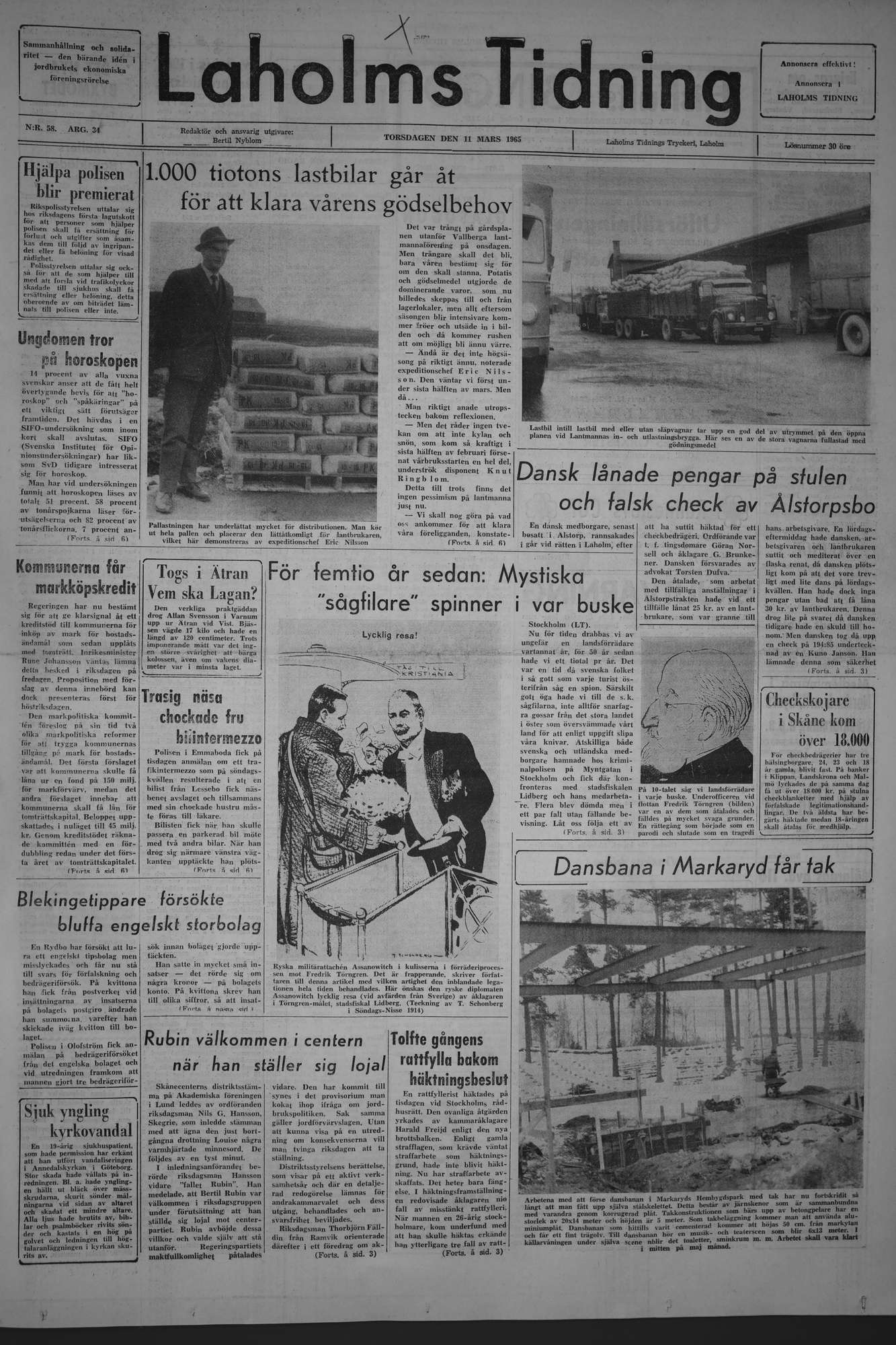 Laholms Tidning Torsdag 11 mars 1965, sida 1
