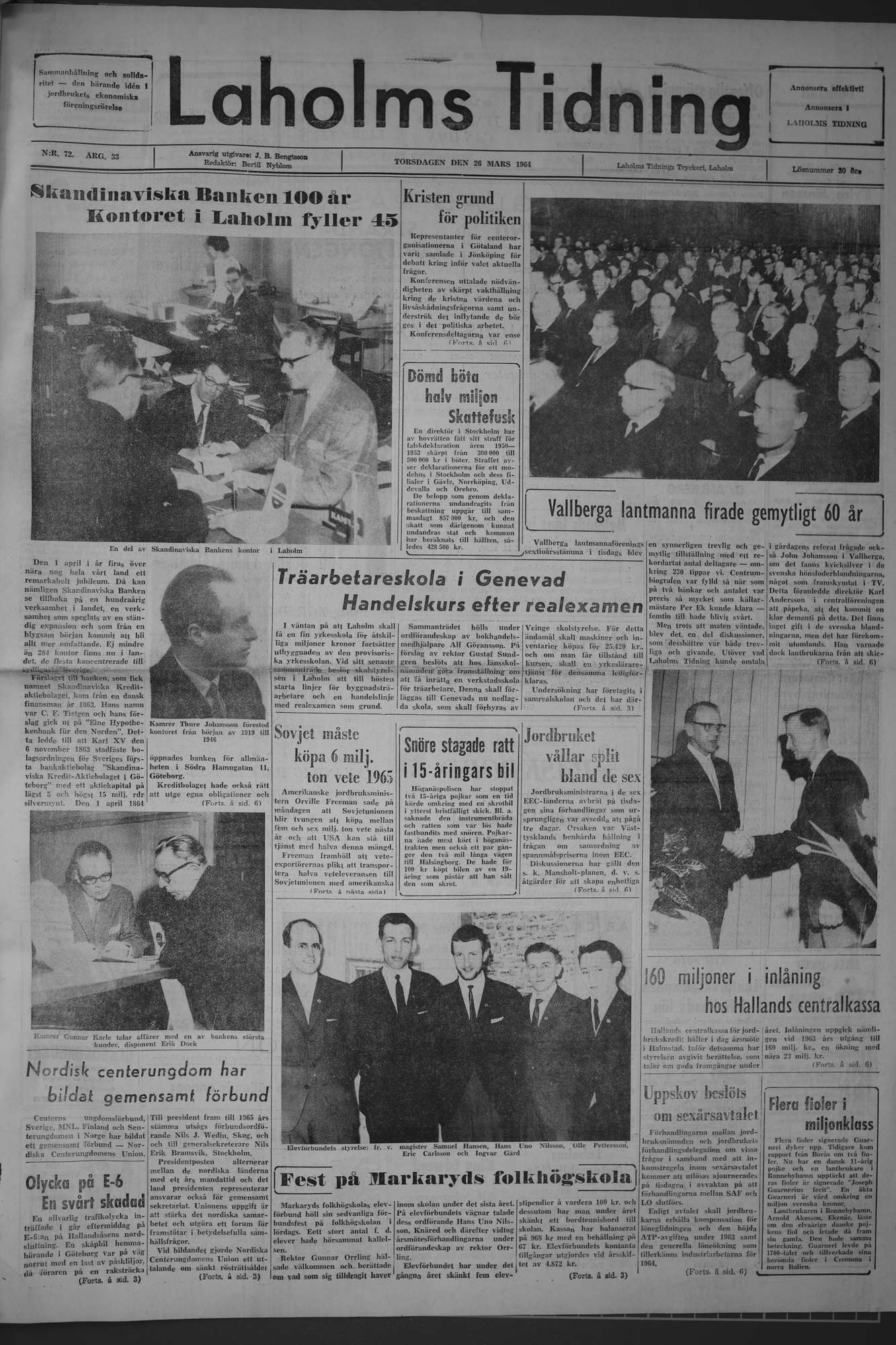 Laholms Tidning Torsdag 26 mars 1964, sida 1