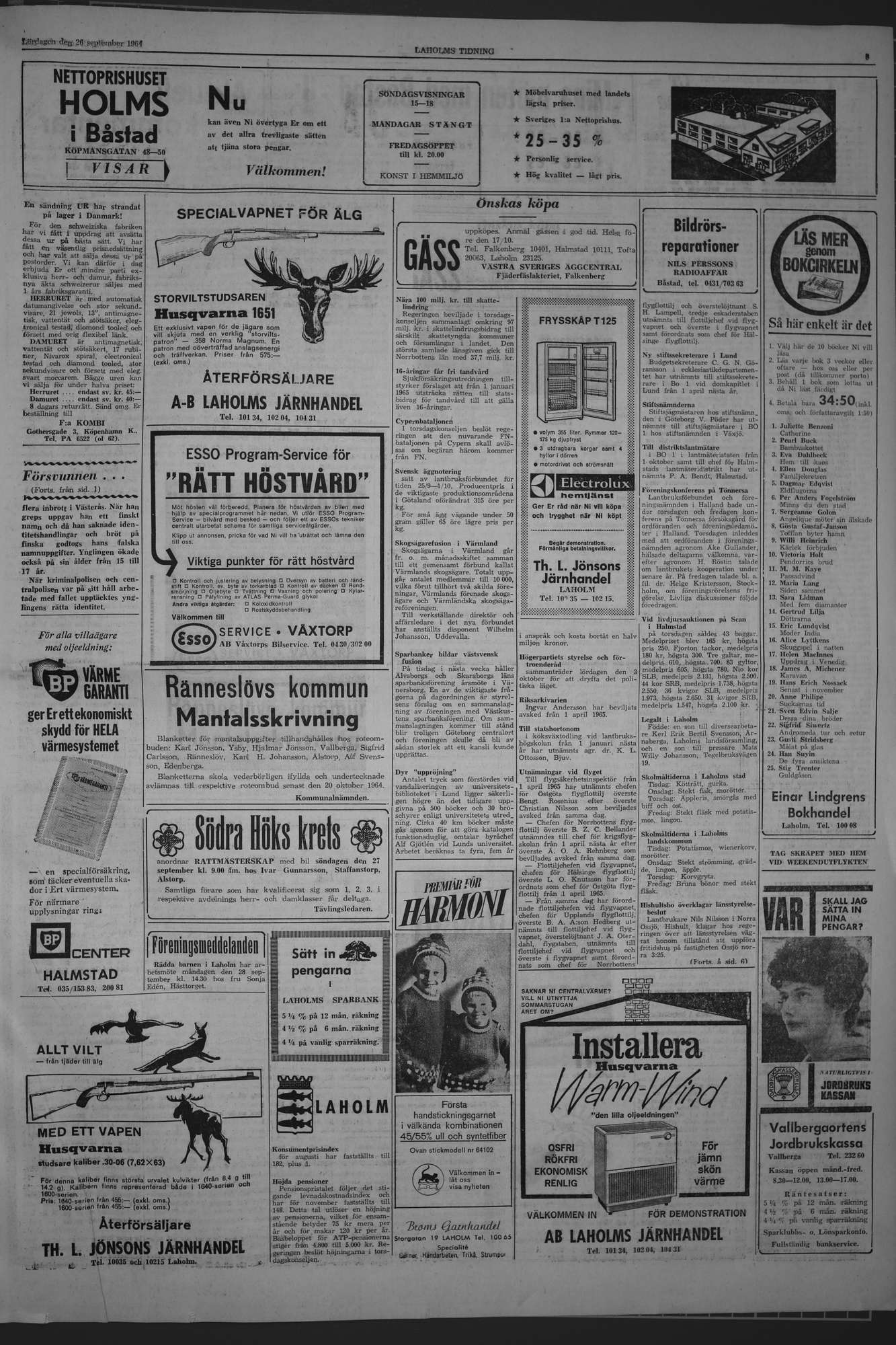 Laholms Tidning Lördag 26 september 1964, sida 3