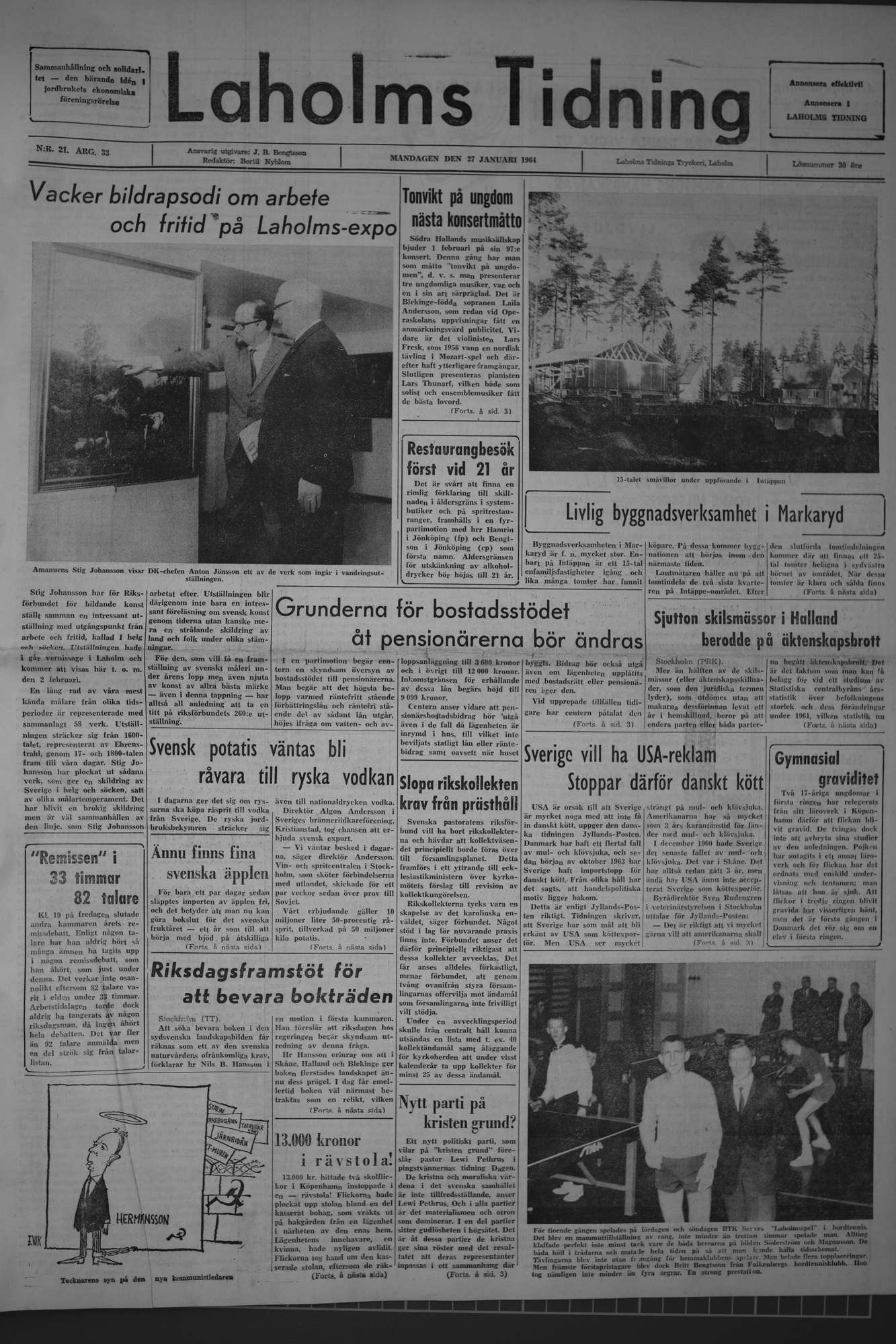 Laholms Tidning Måndag 27 januari 1964, sida 1