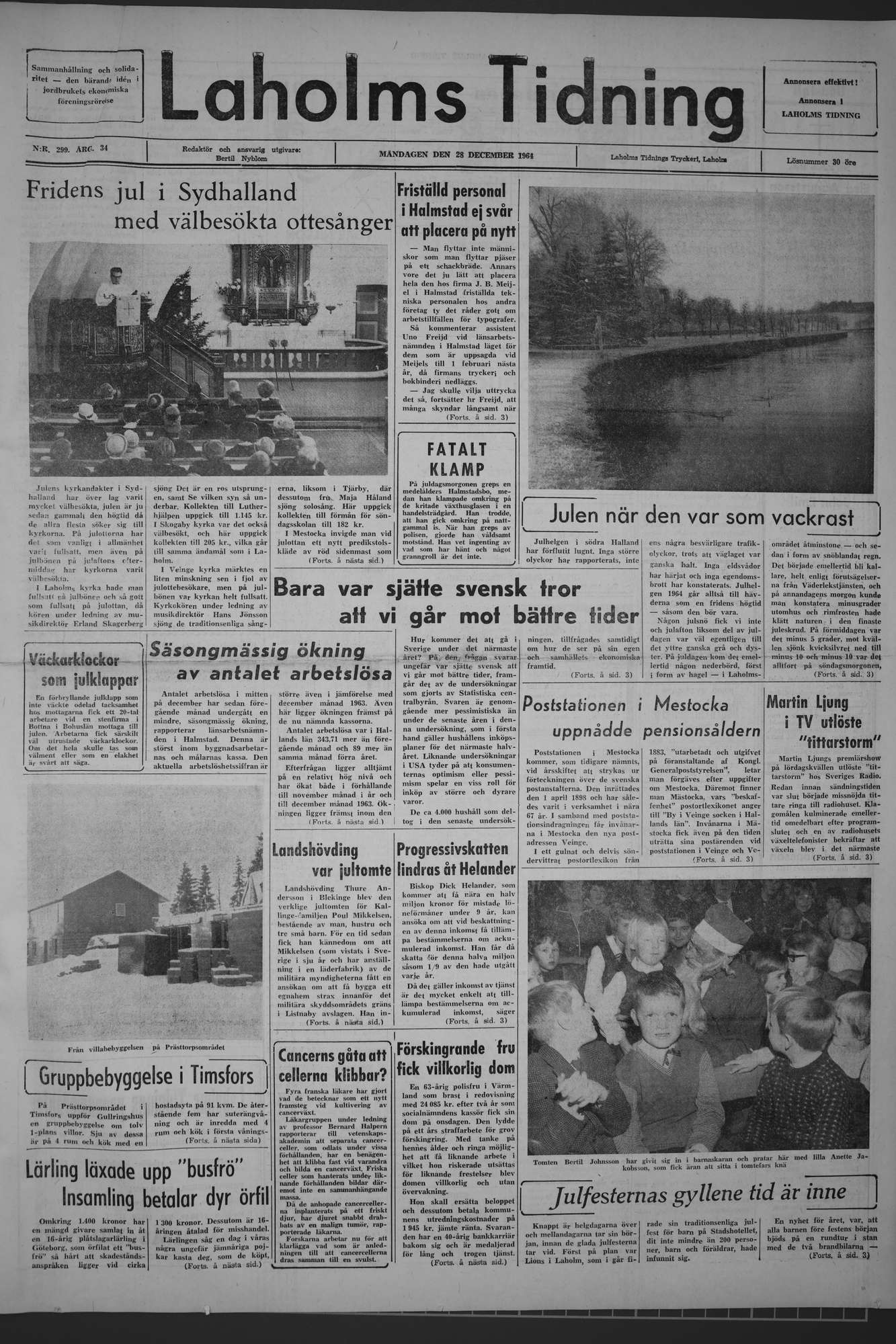 Laholms Tidning Måndag 28 december 1964, sida 1