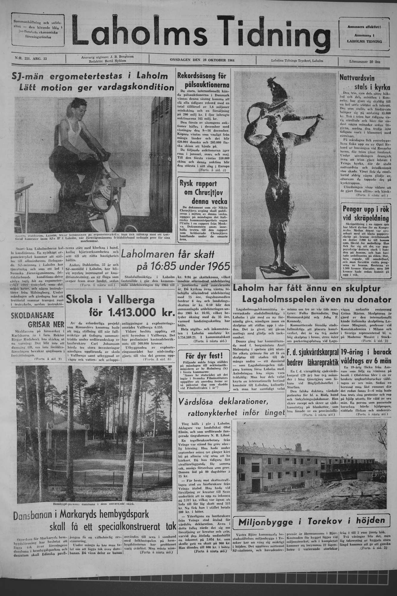 Laholms Tidning Onsdag 28 oktober 1964, sida 1