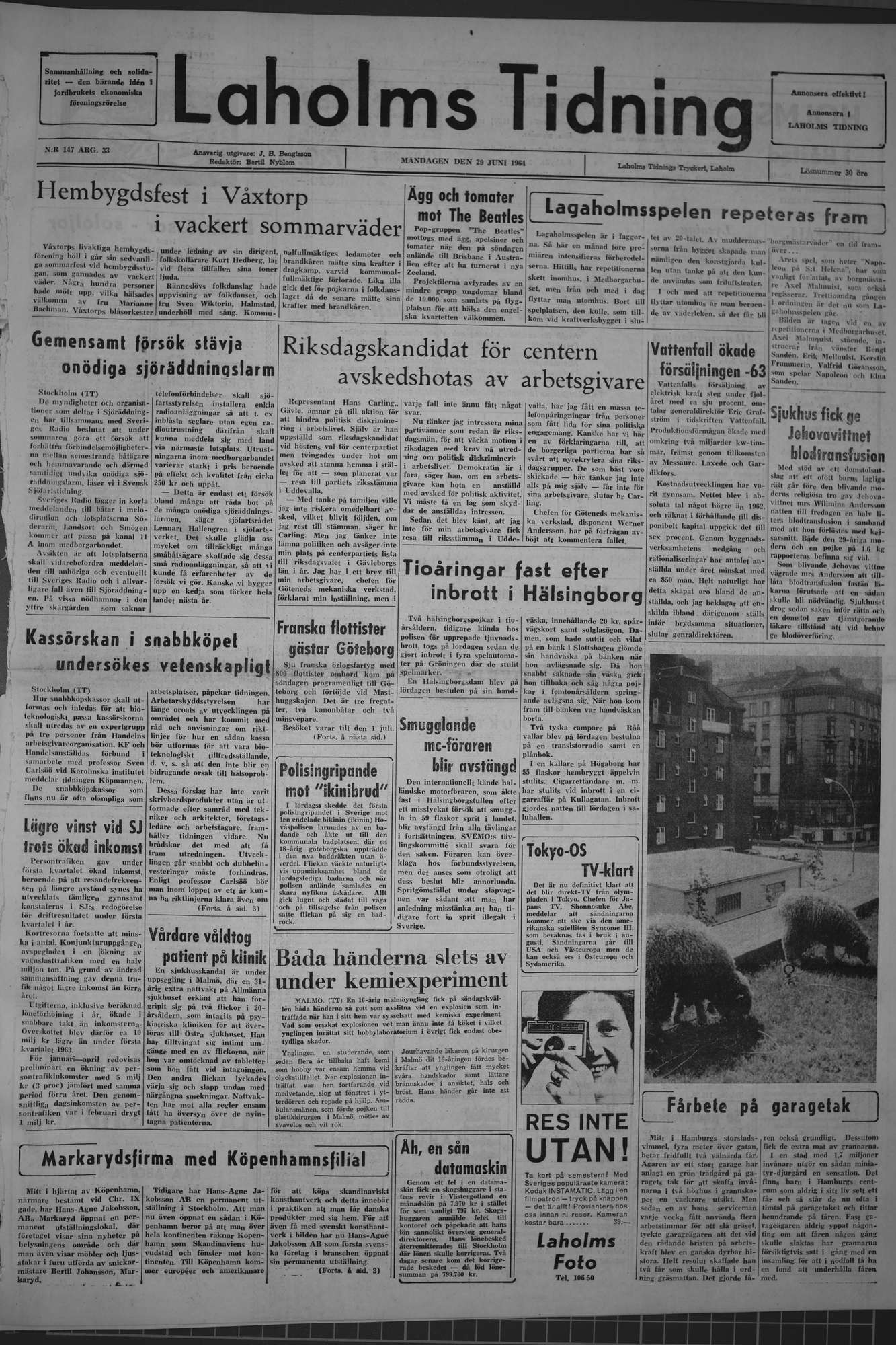 Laholms Tidning Måndag 29 juni 1964, sida 1