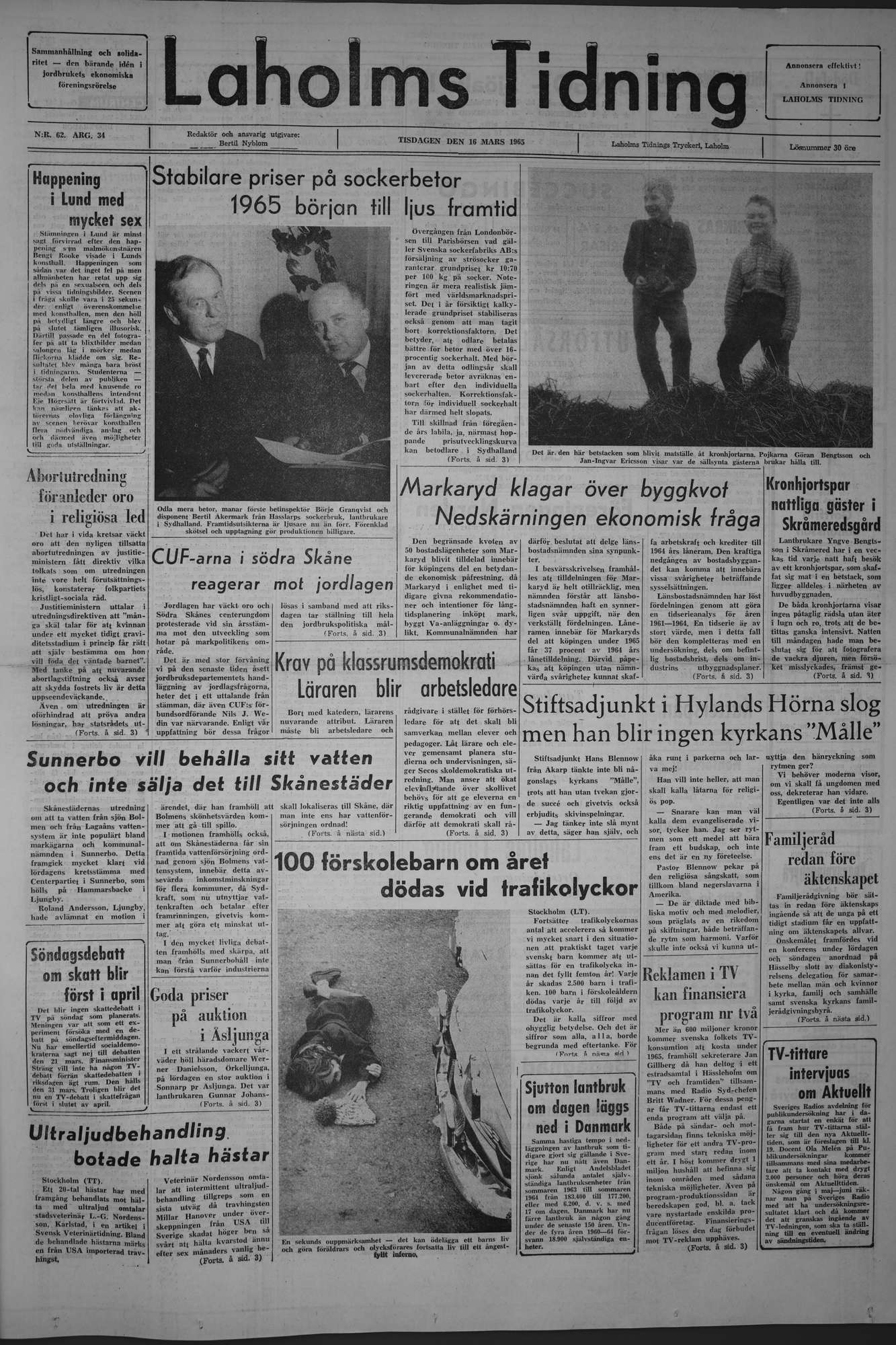 Laholms Tidning Tisdag 16 mars 1965, sida 1