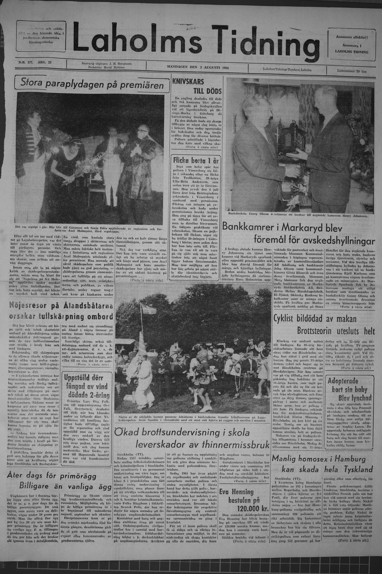 Laholms Tidning Måndag 3 augusti 1964, sida 1