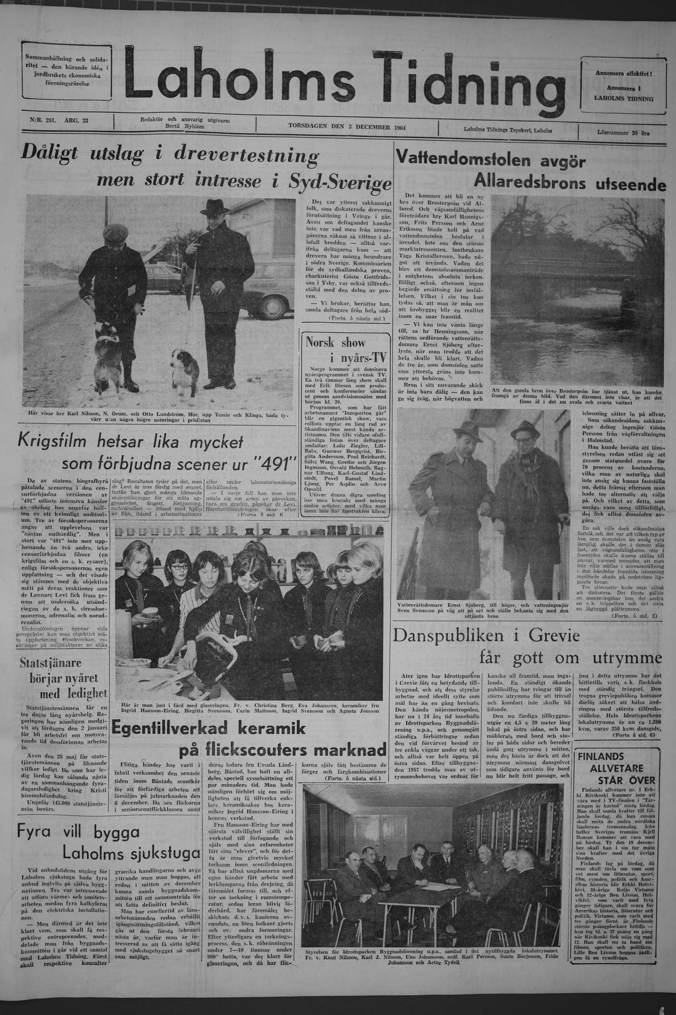Laholms Tidning Torsdag 3 december 1964, sida 1