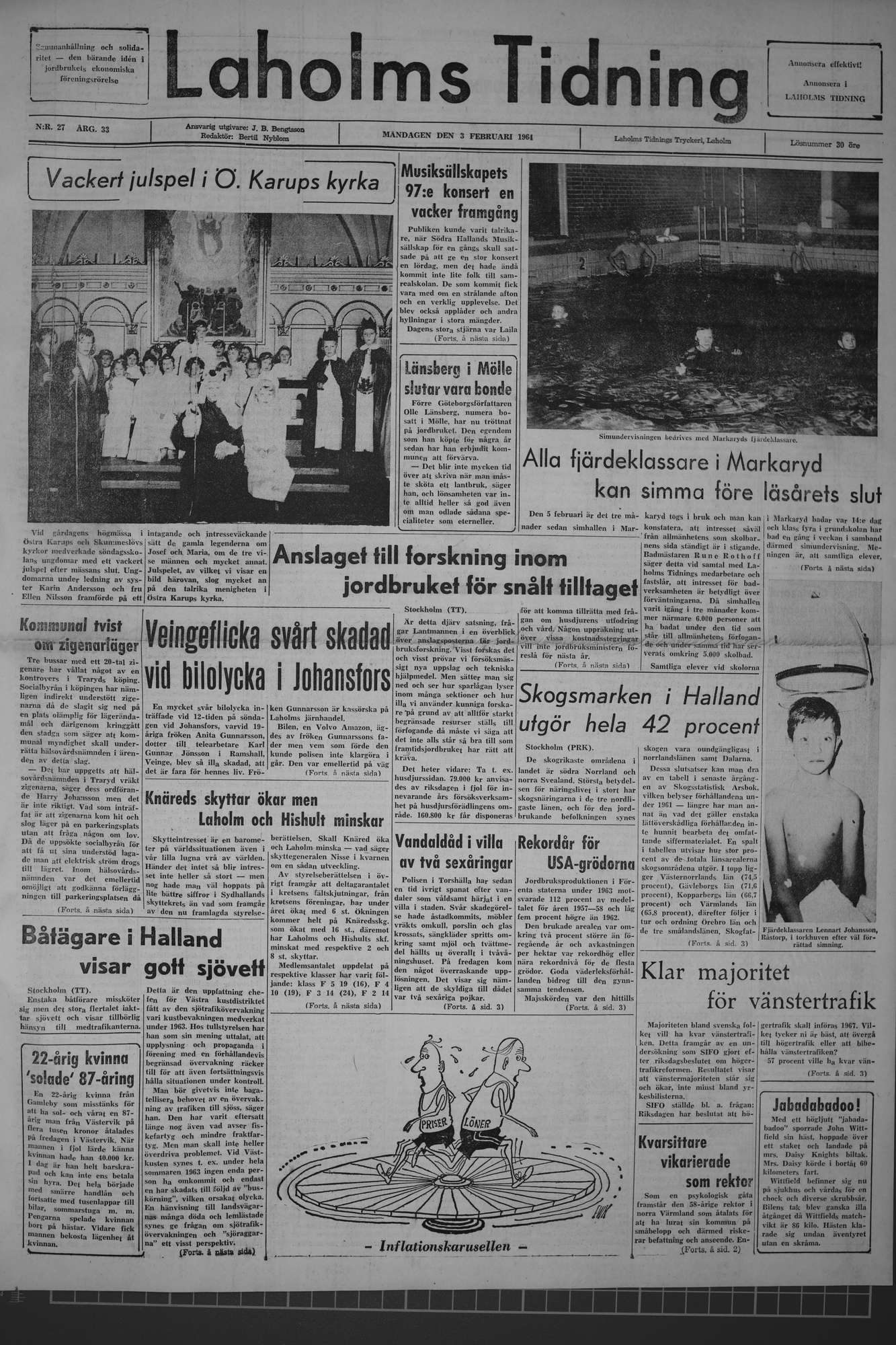 Laholms Tidning Måndag 3 februari 1964, sida 1