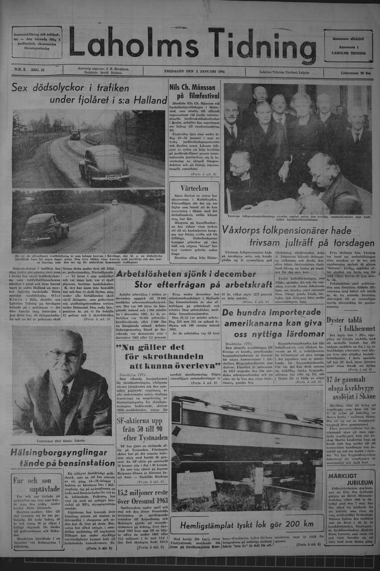 Laholms Tidning Fredag 3 januari 1964, sida 1