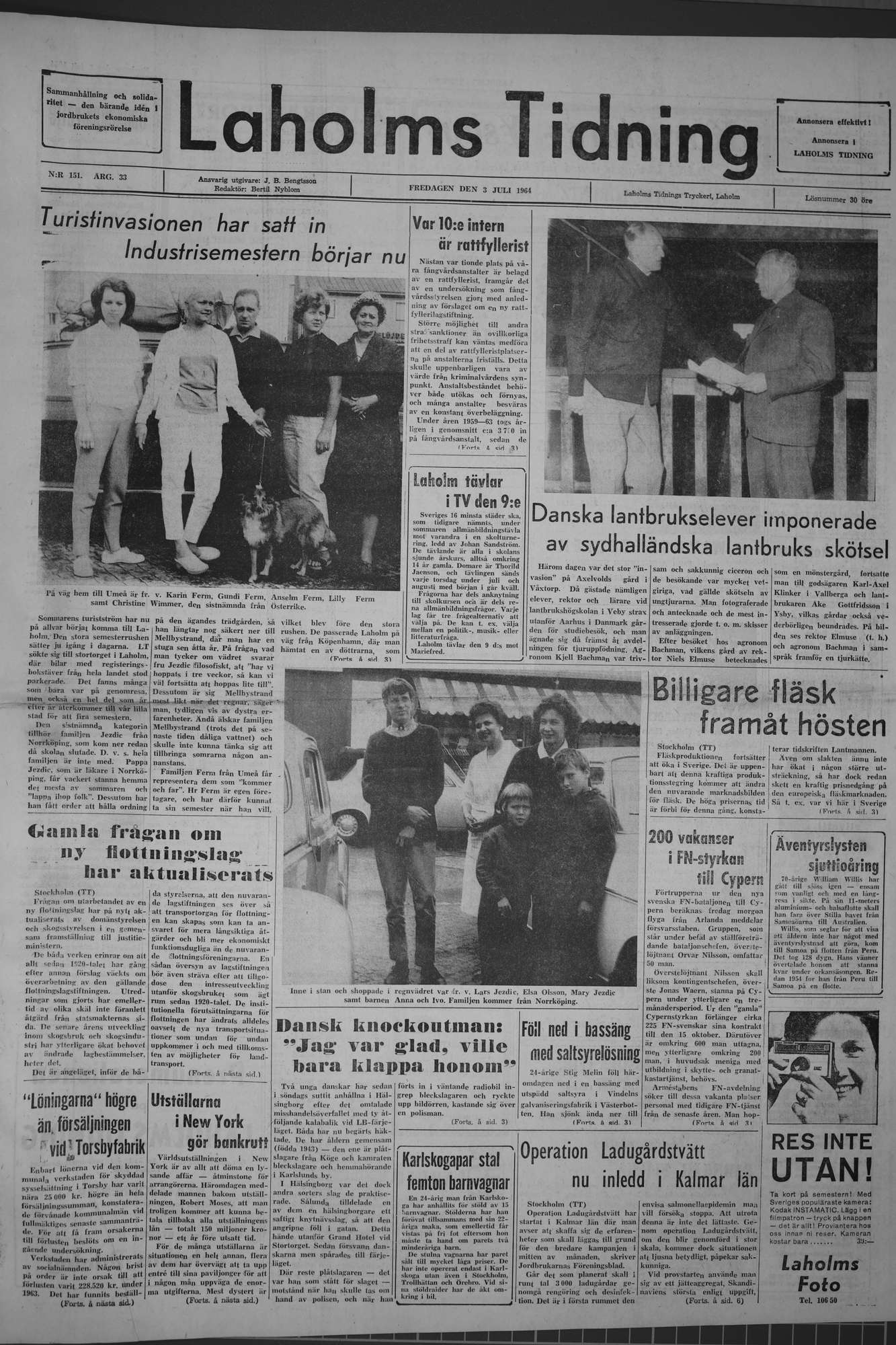 Laholms Tidning Fredag 3 juli 1964, sida 1