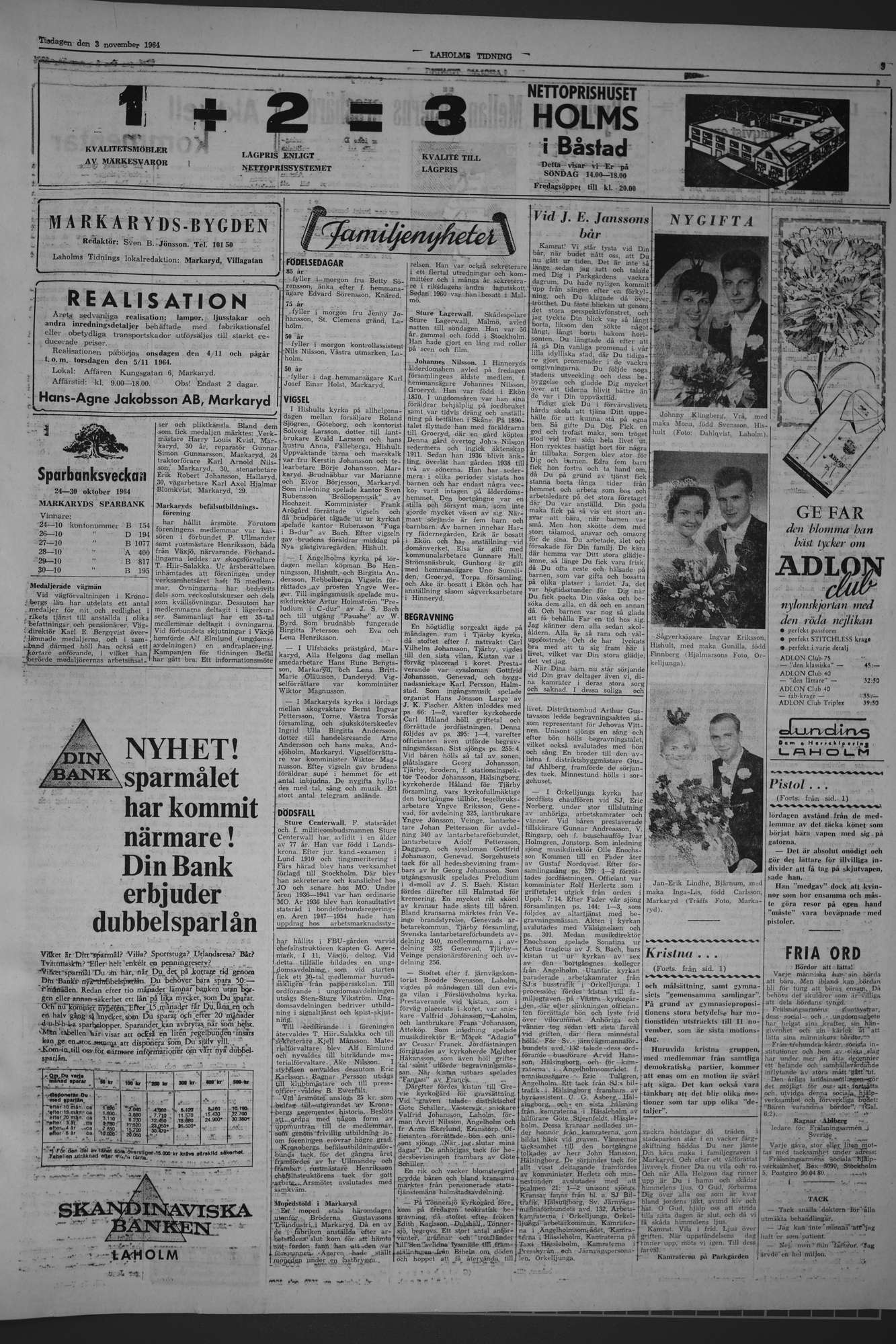 Laholms Tidning Tisdag 3 november 1964, sida 3