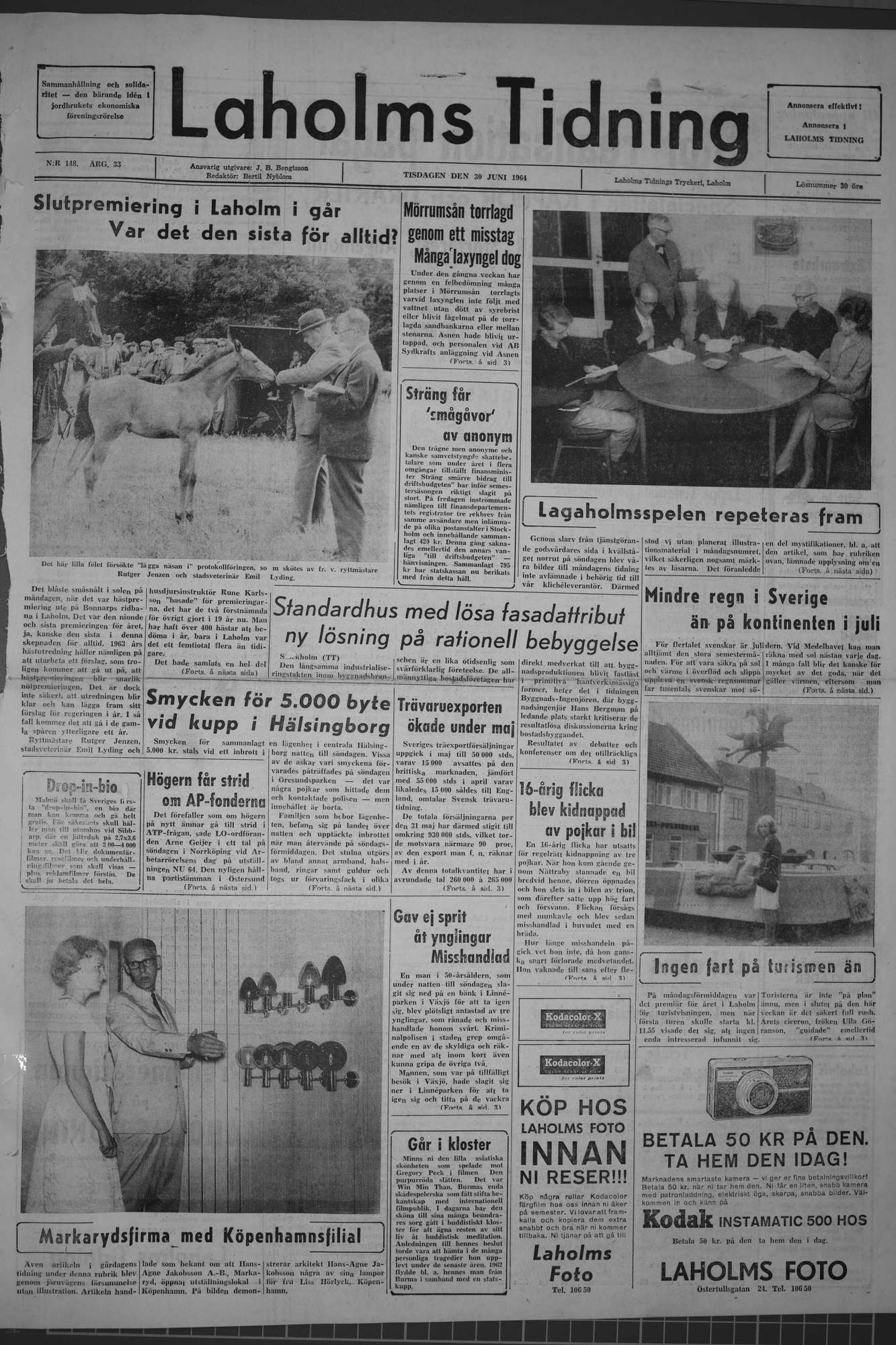 Laholms Tidning Tisdag 30 juni 1964, sida 1