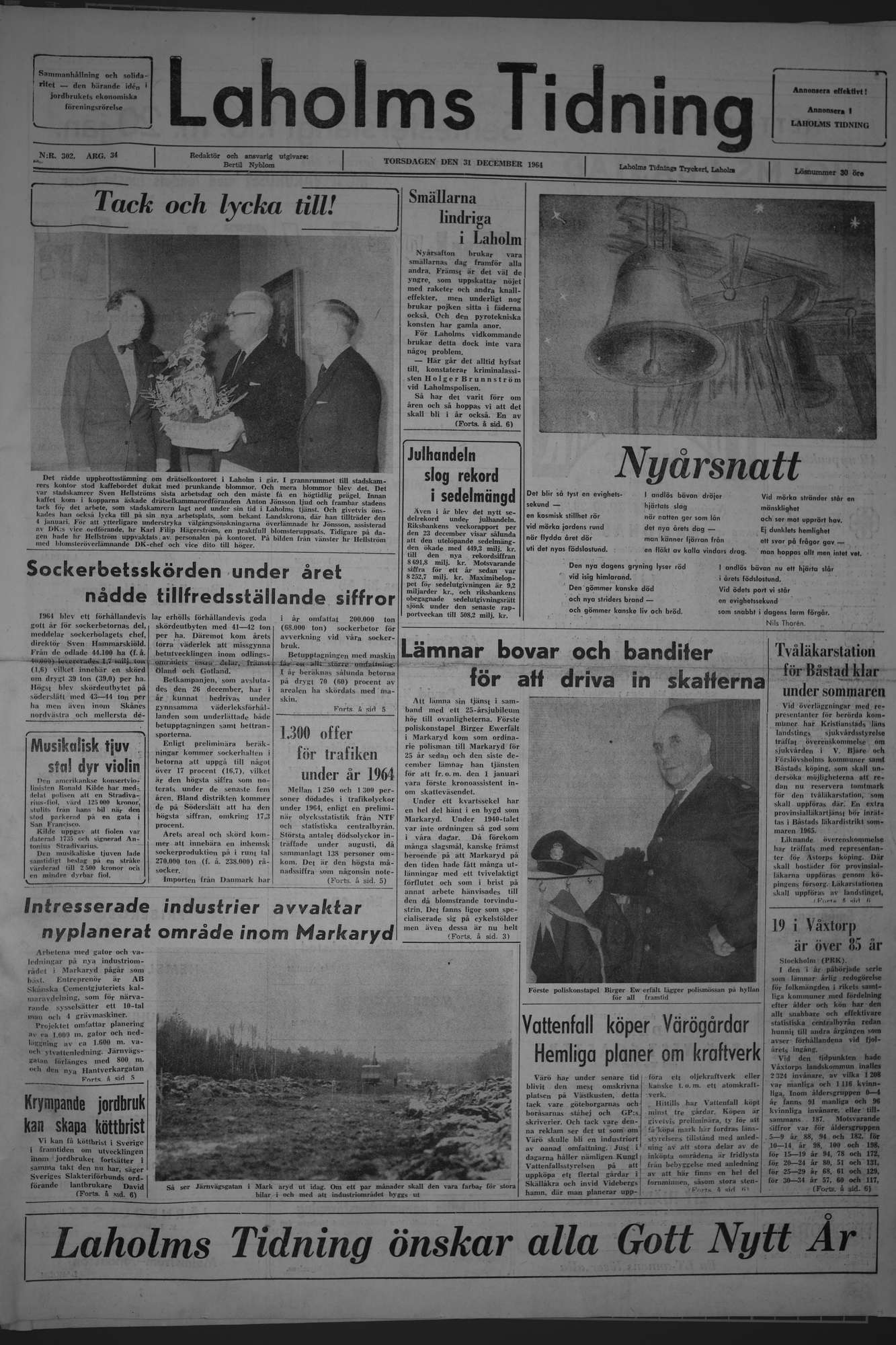 Laholms Tidning Torsdag 31 december 1964, sida 1