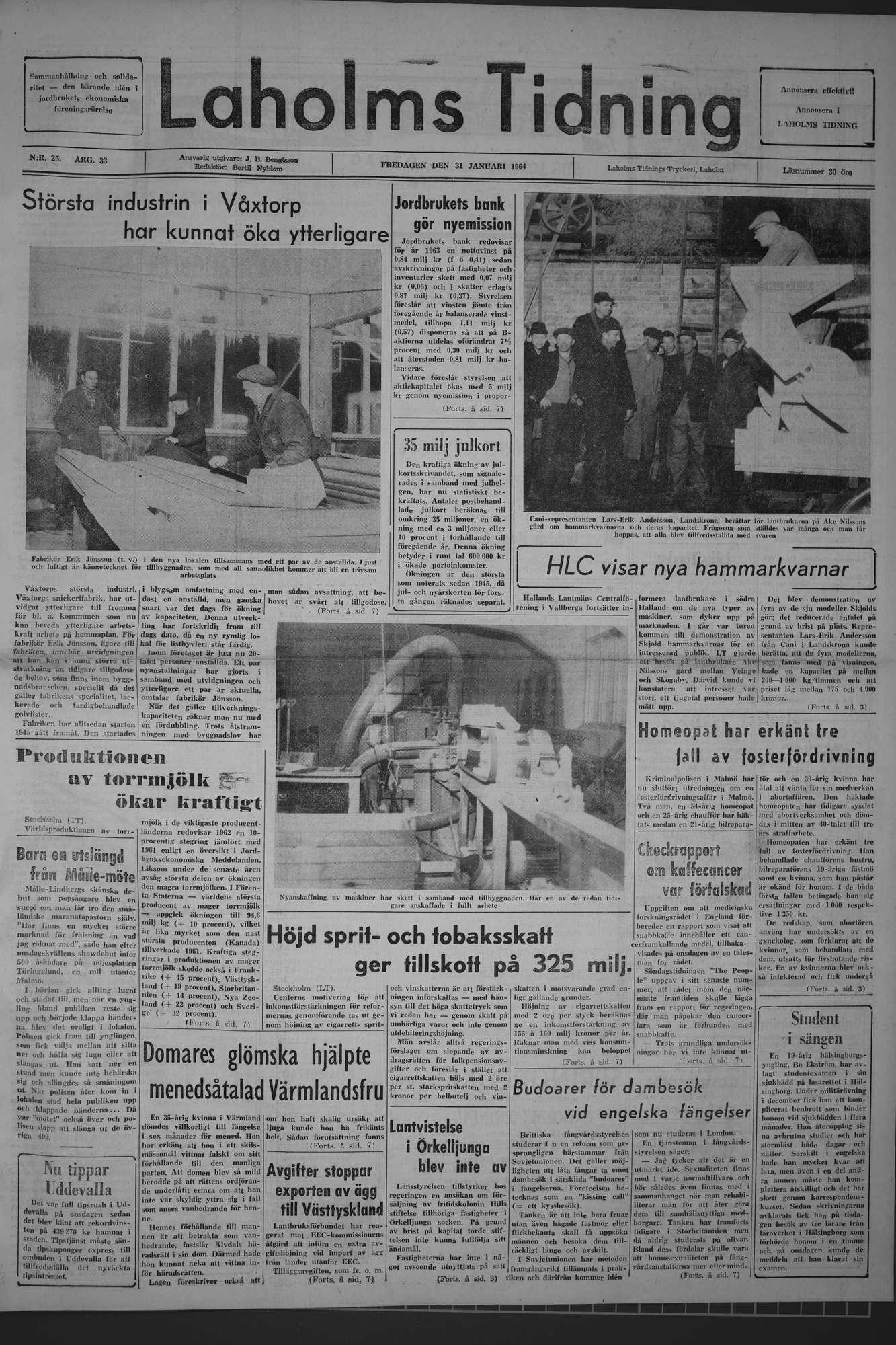 Laholms Tidning Fredag 31 januari 1964, sida 1