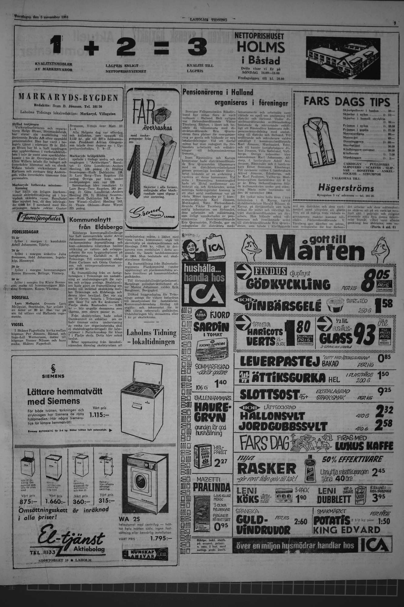 Laholms Tidning Torsdag 5 november 1964, sida 3