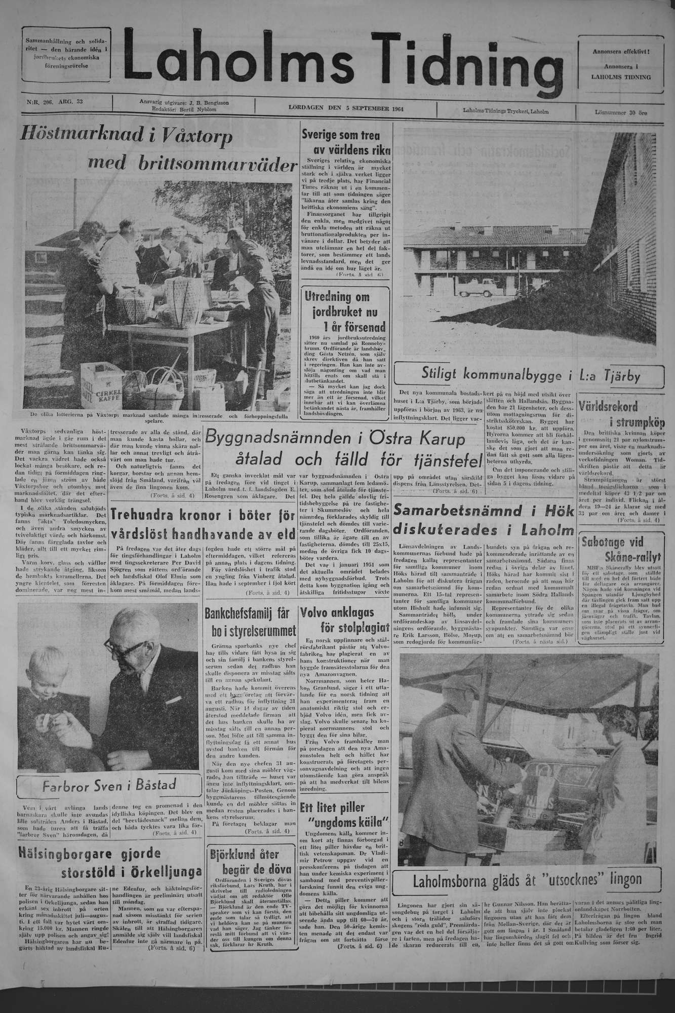 Laholms Tidning Lördag 5 september 1964, sida 1