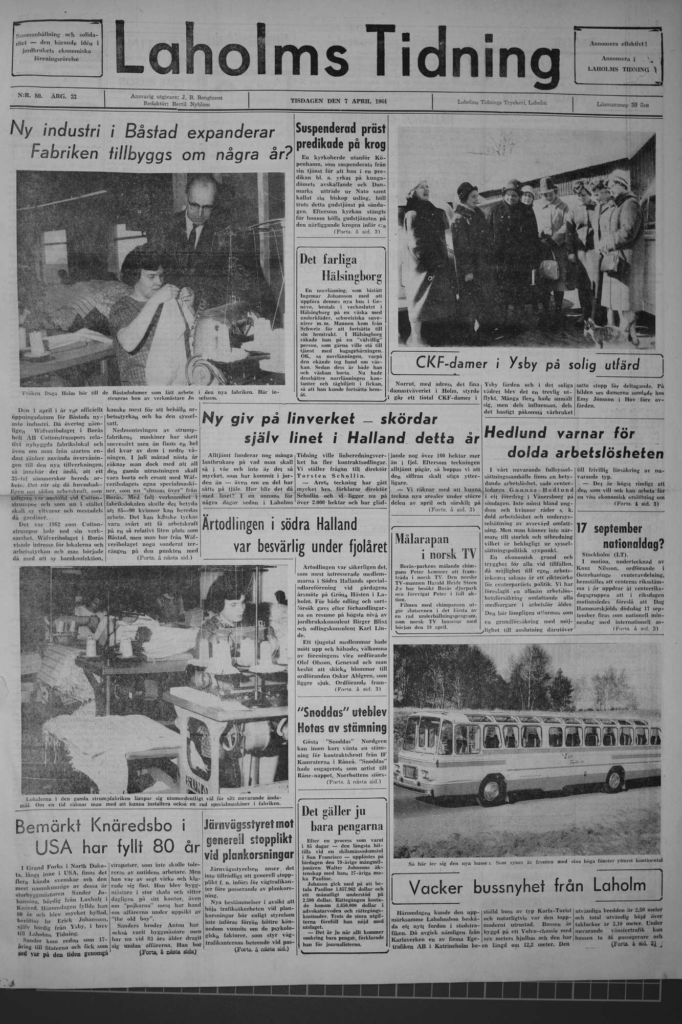 Laholms Tidning Tisdag 7 april 1964, sida 1