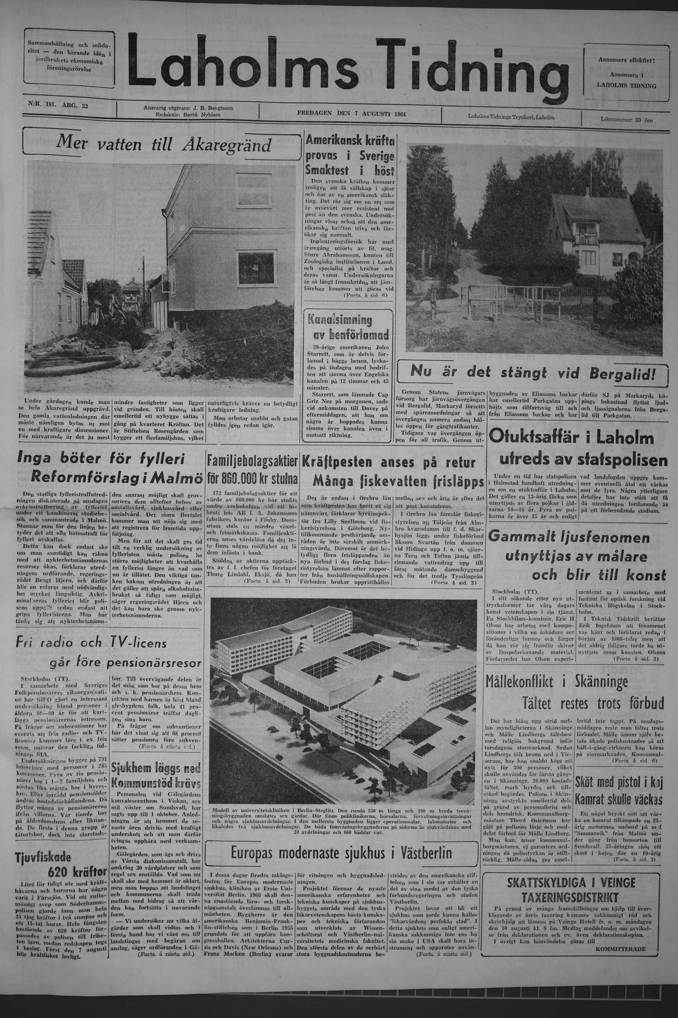 Laholms Tidning Fredag 7 augusti 1964, sida 1