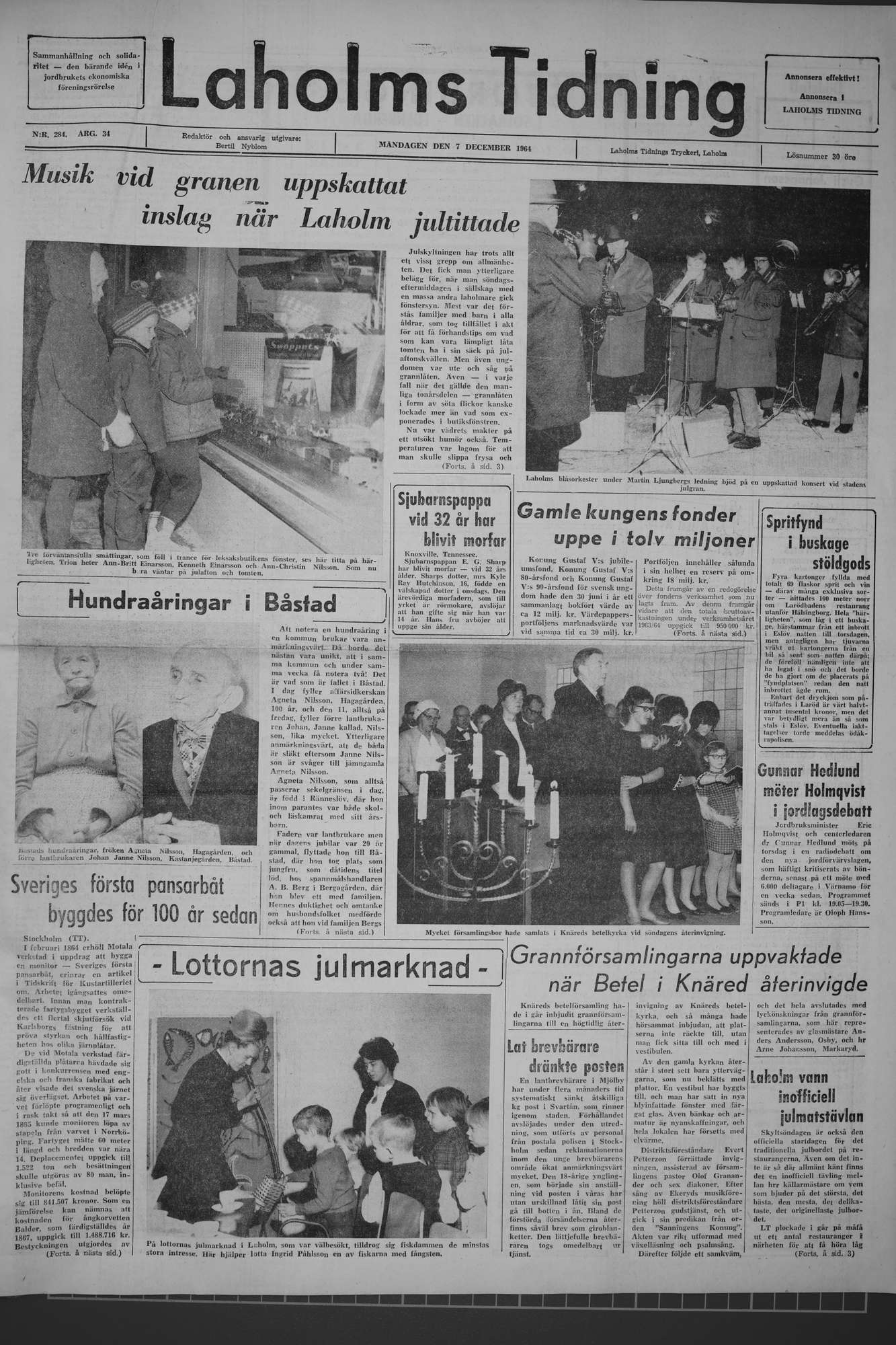 Laholms Tidning Måndag 7 december 1964, sida 1