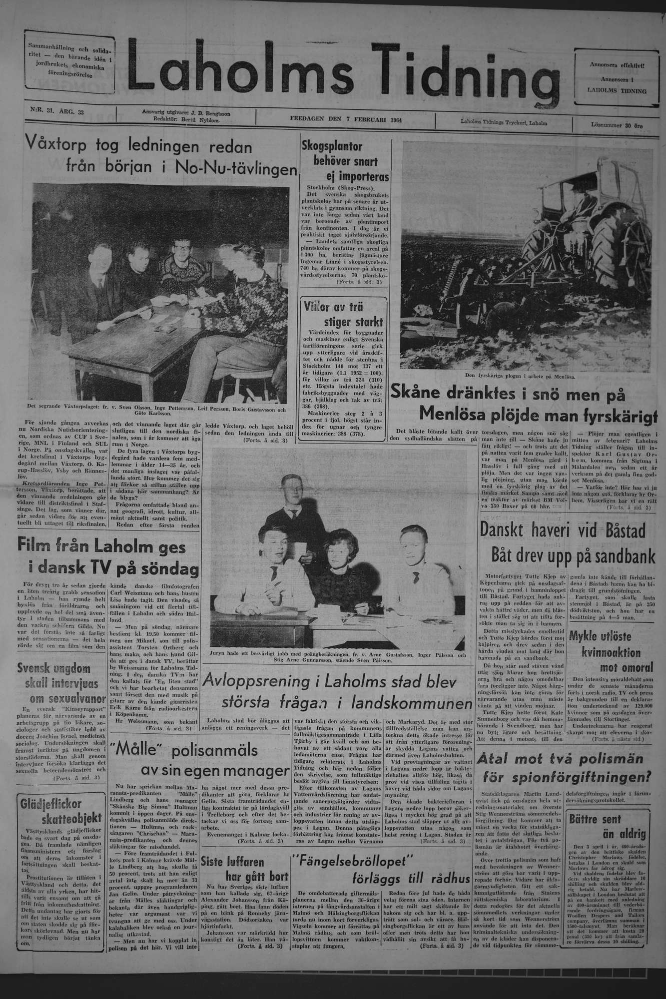 Laholms Tidning Fredag 7 februari 1964, sida 1
