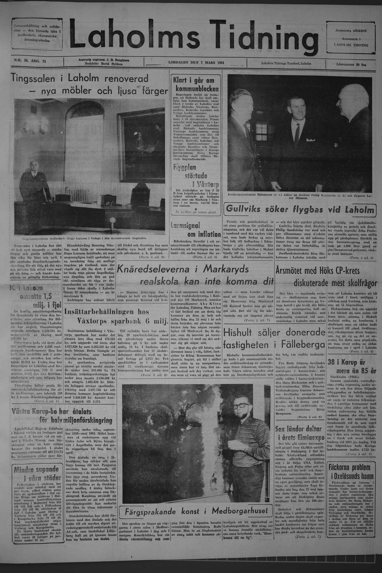 Laholms Tidning Lördag 7 mars 1964, sida 1