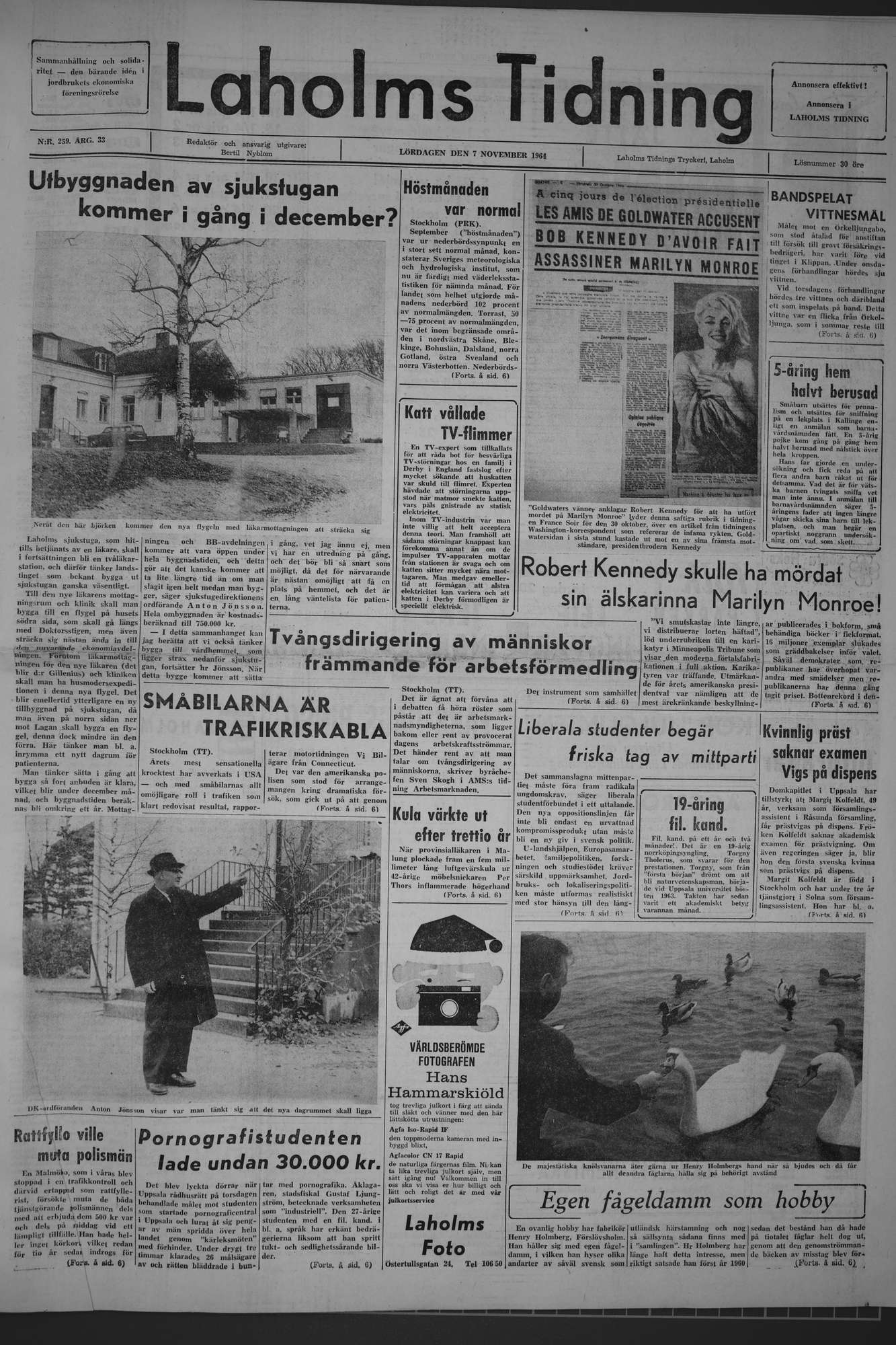 Laholms Tidning Lördag 7 november 1964, sida 1